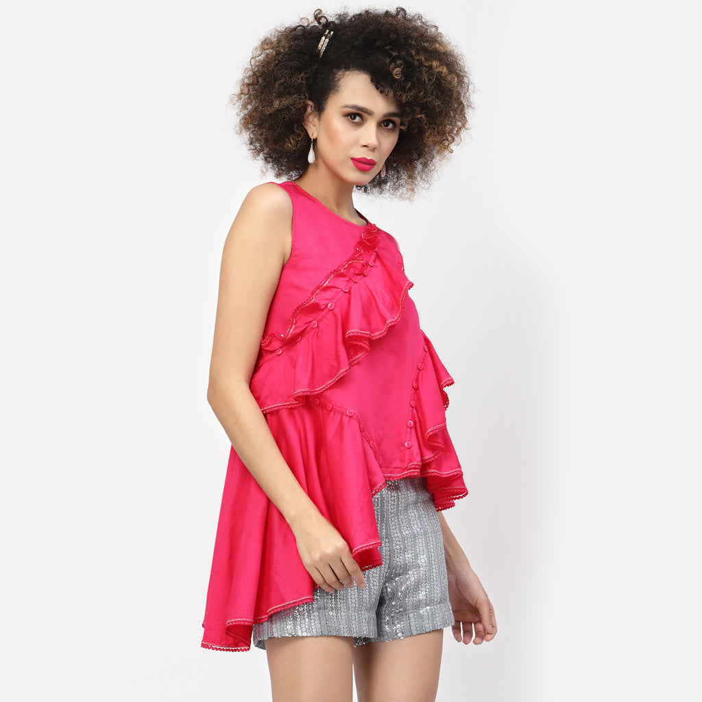 Pink Ruffle Top With Buttons & Lace