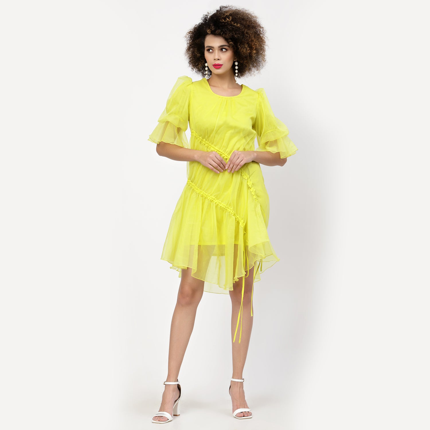 Neon Yellow Organza Asymmetrical Dress With Gather & Strings