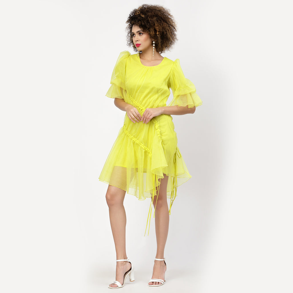 Neon Yellow Organza Asymmetrical Dress With Gather & Strings