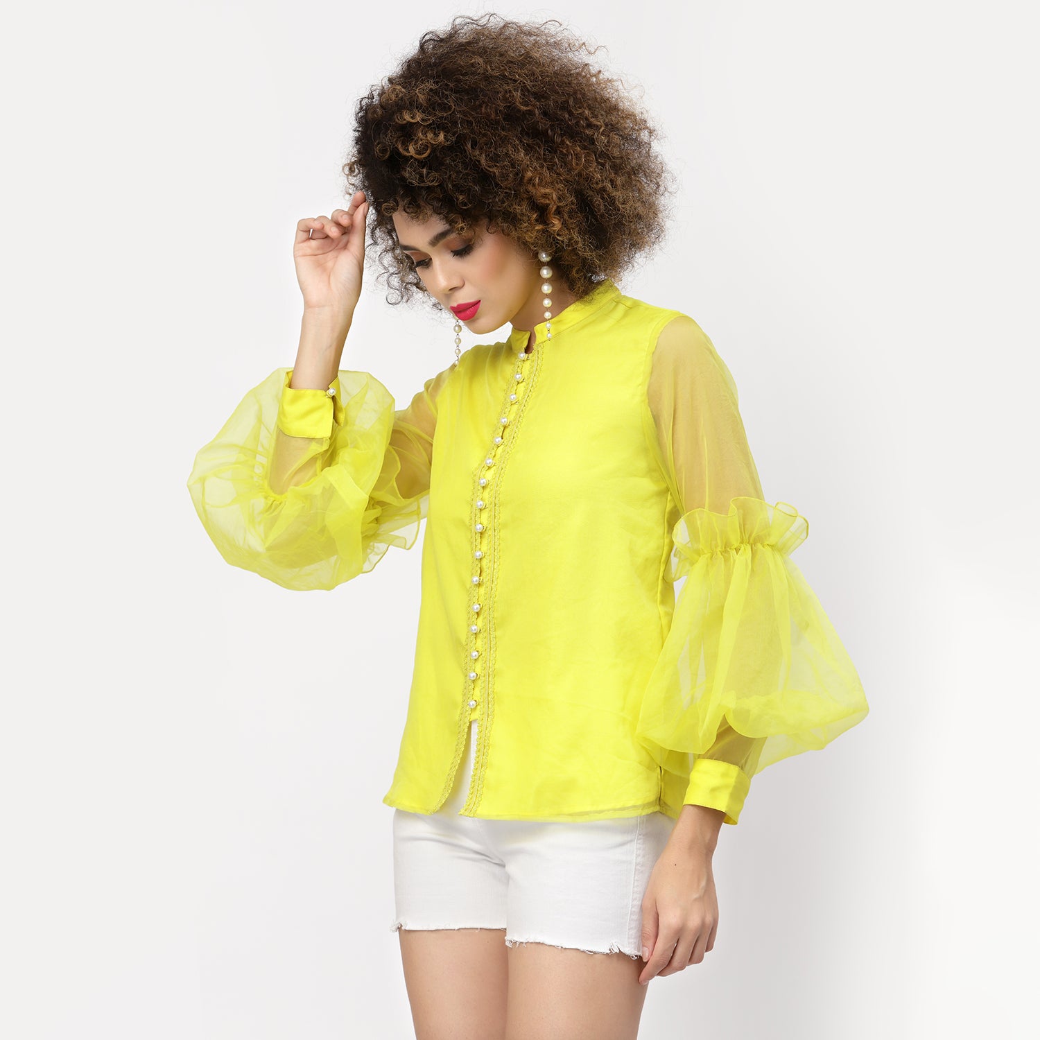 Neon Yellow Organza Top With Buttons And Laces