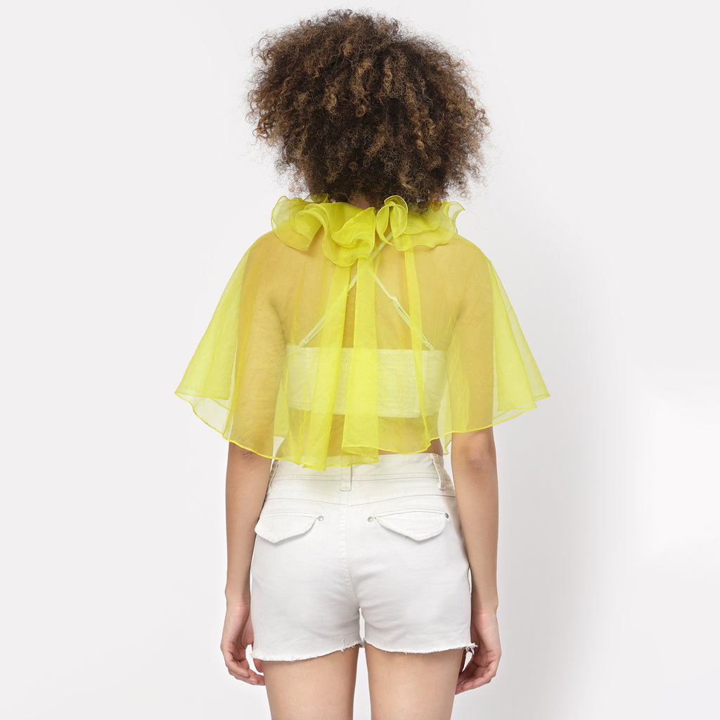 Yellow Organza Cape With Frill Neck