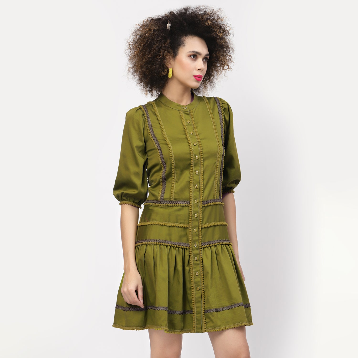 Olive Dress With Pom Pom Lace