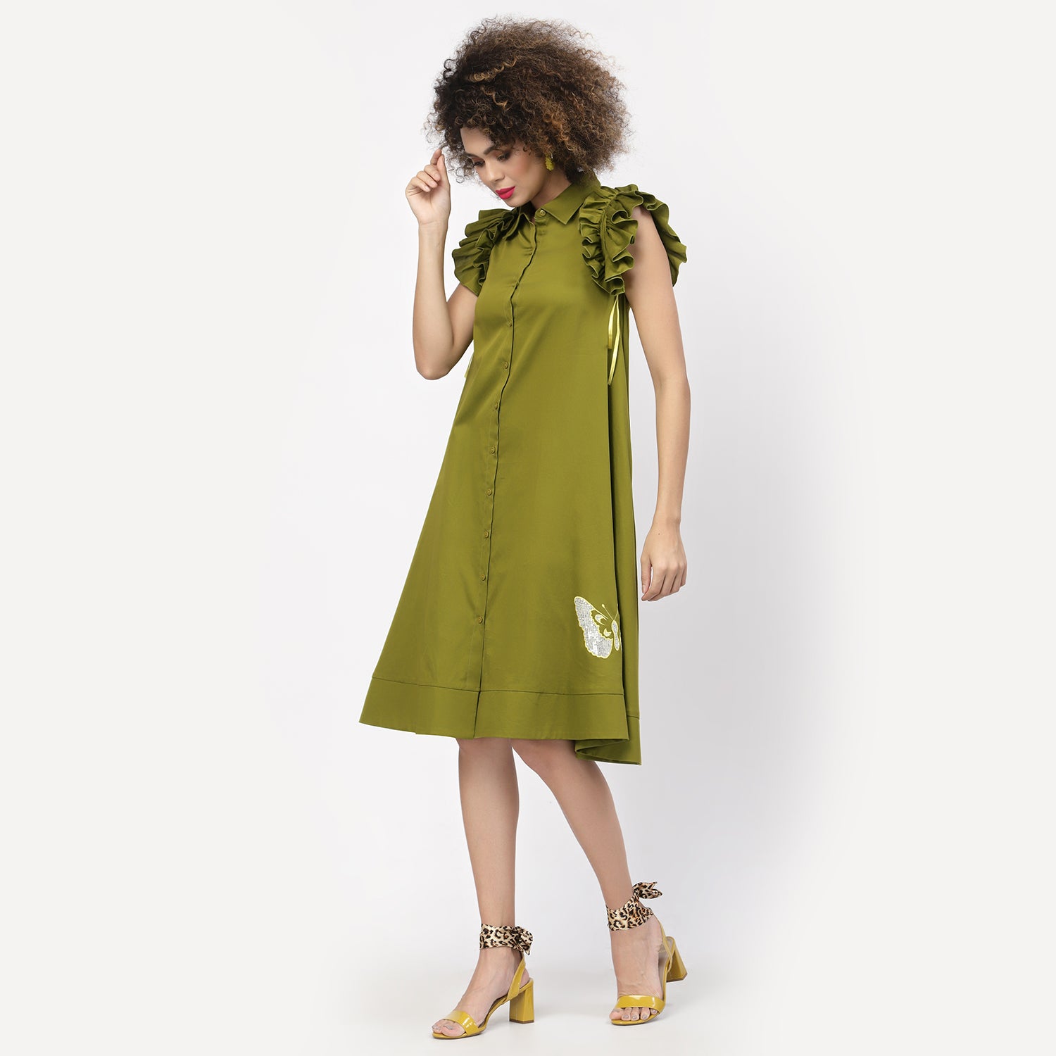 Olive Dress With Golden Butterfly Embroidery