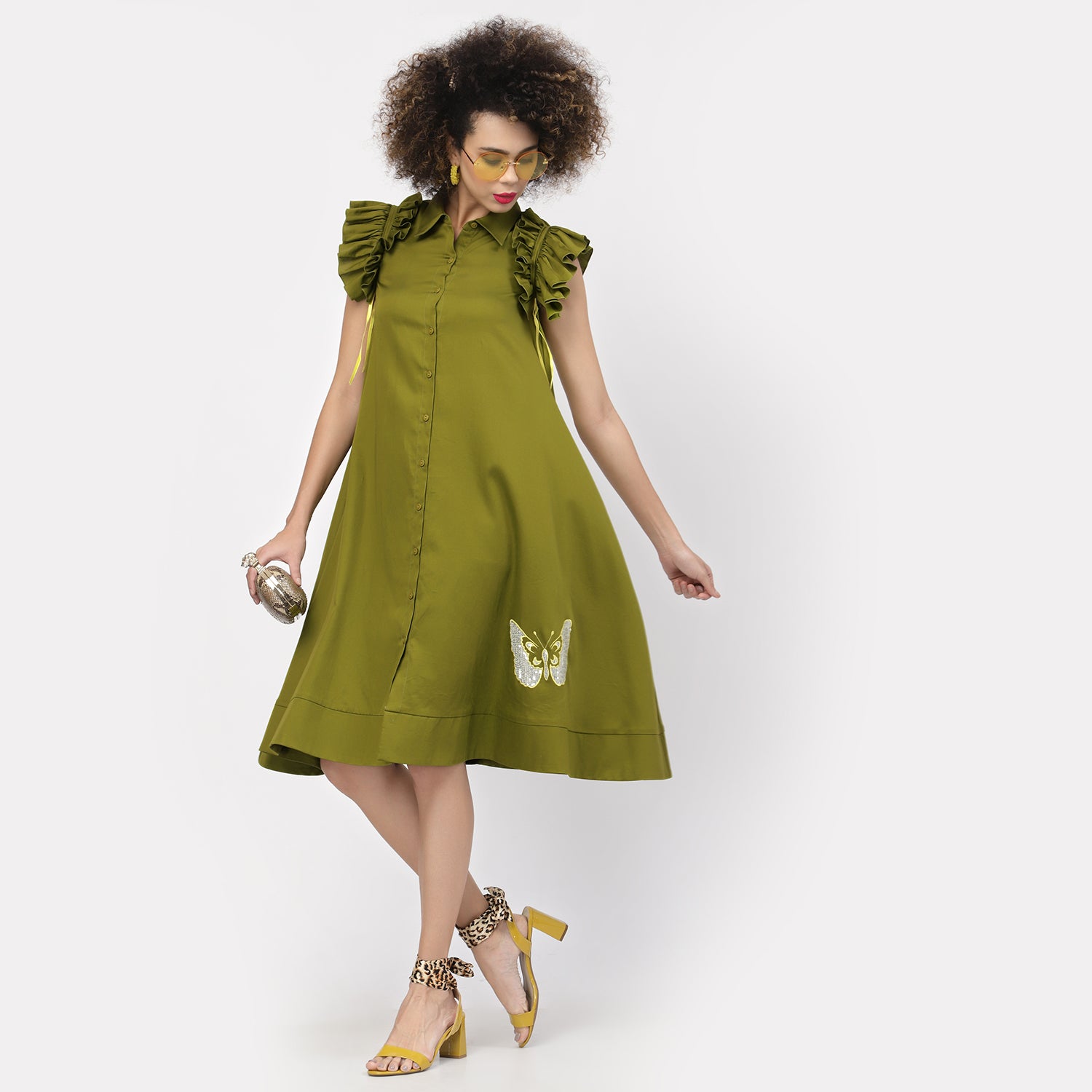 Olive Dress With Golden Butterfly Embroidery