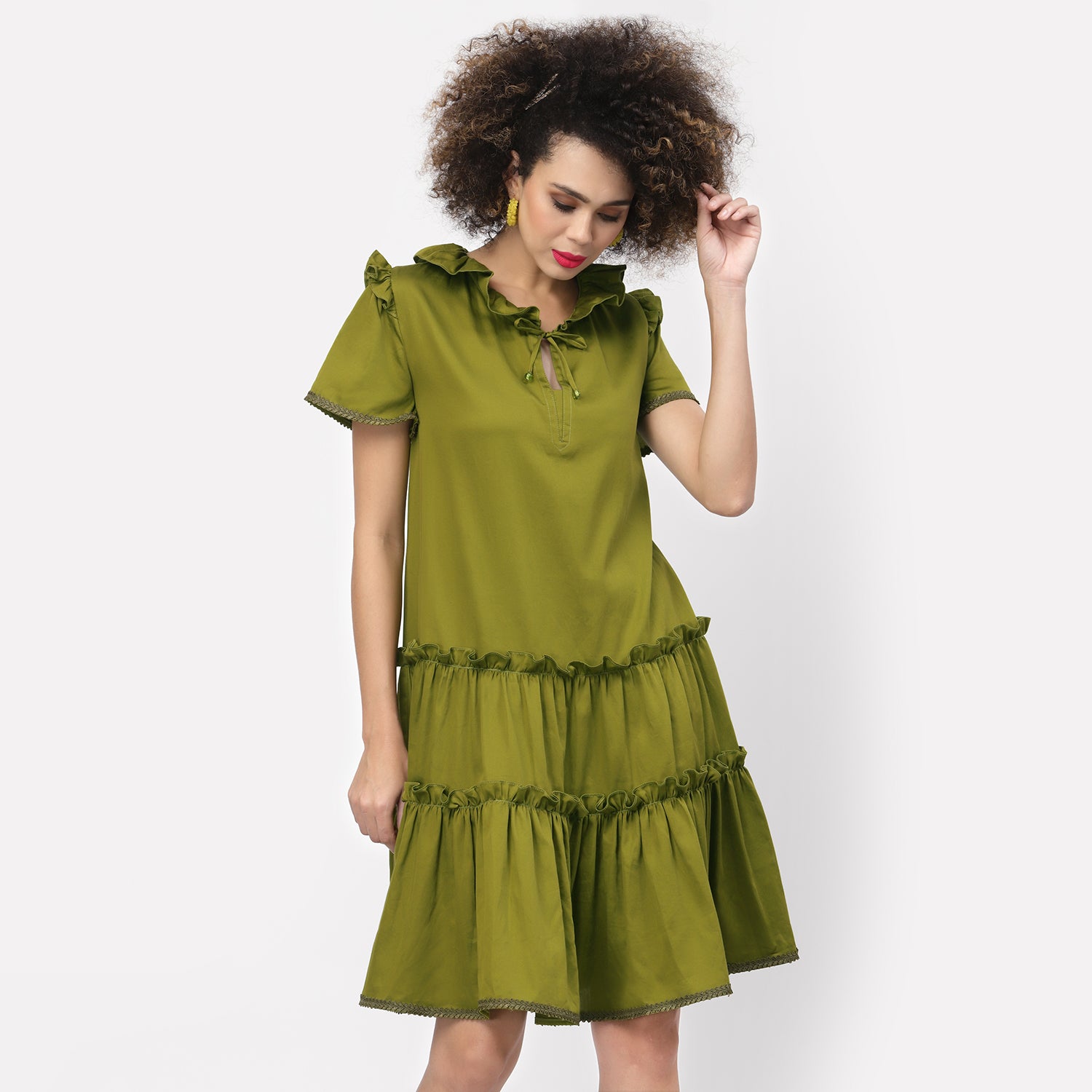 Olive Tiered Dress With Laces