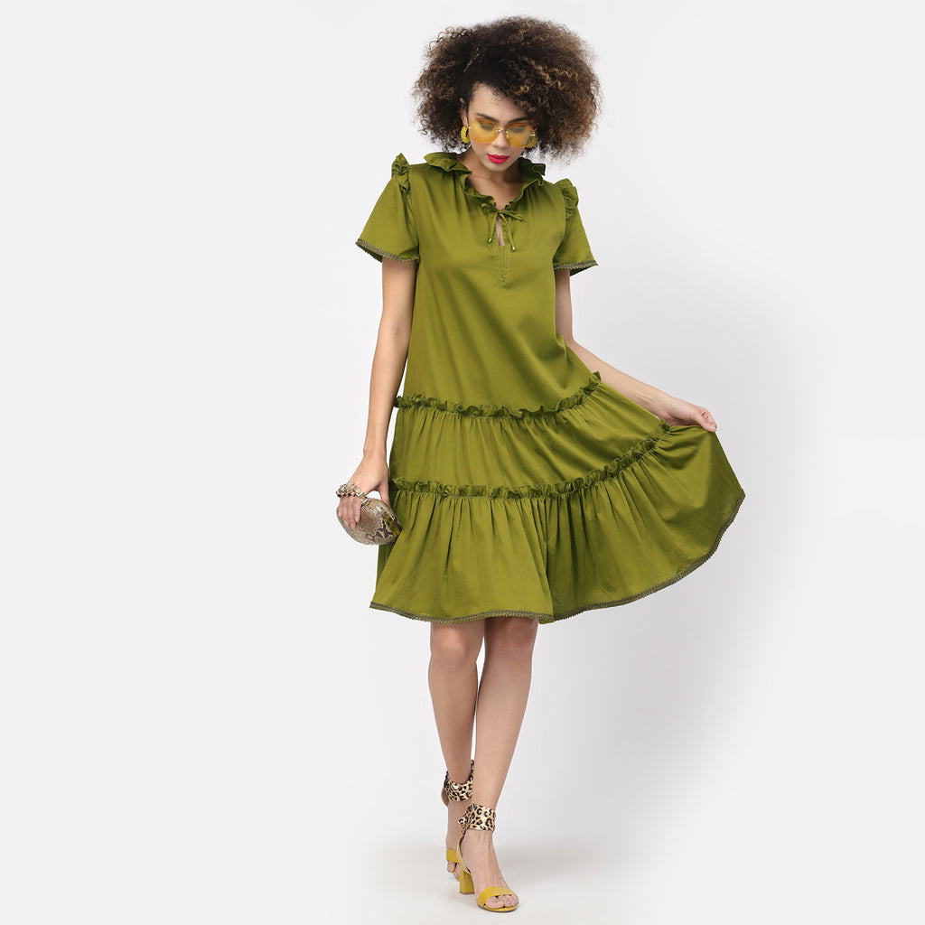 Olive Tiered Dress With Laces