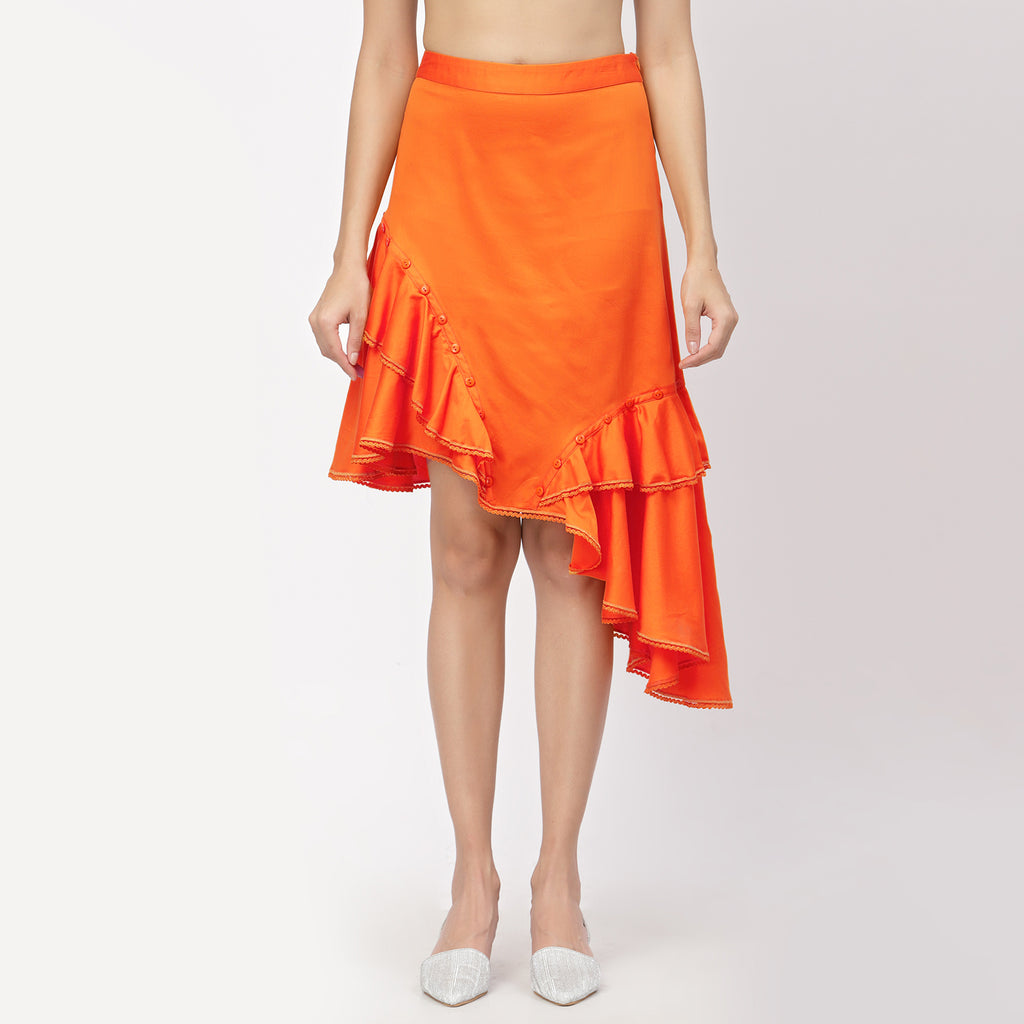 Orange Ruffle Skirt With Buttons