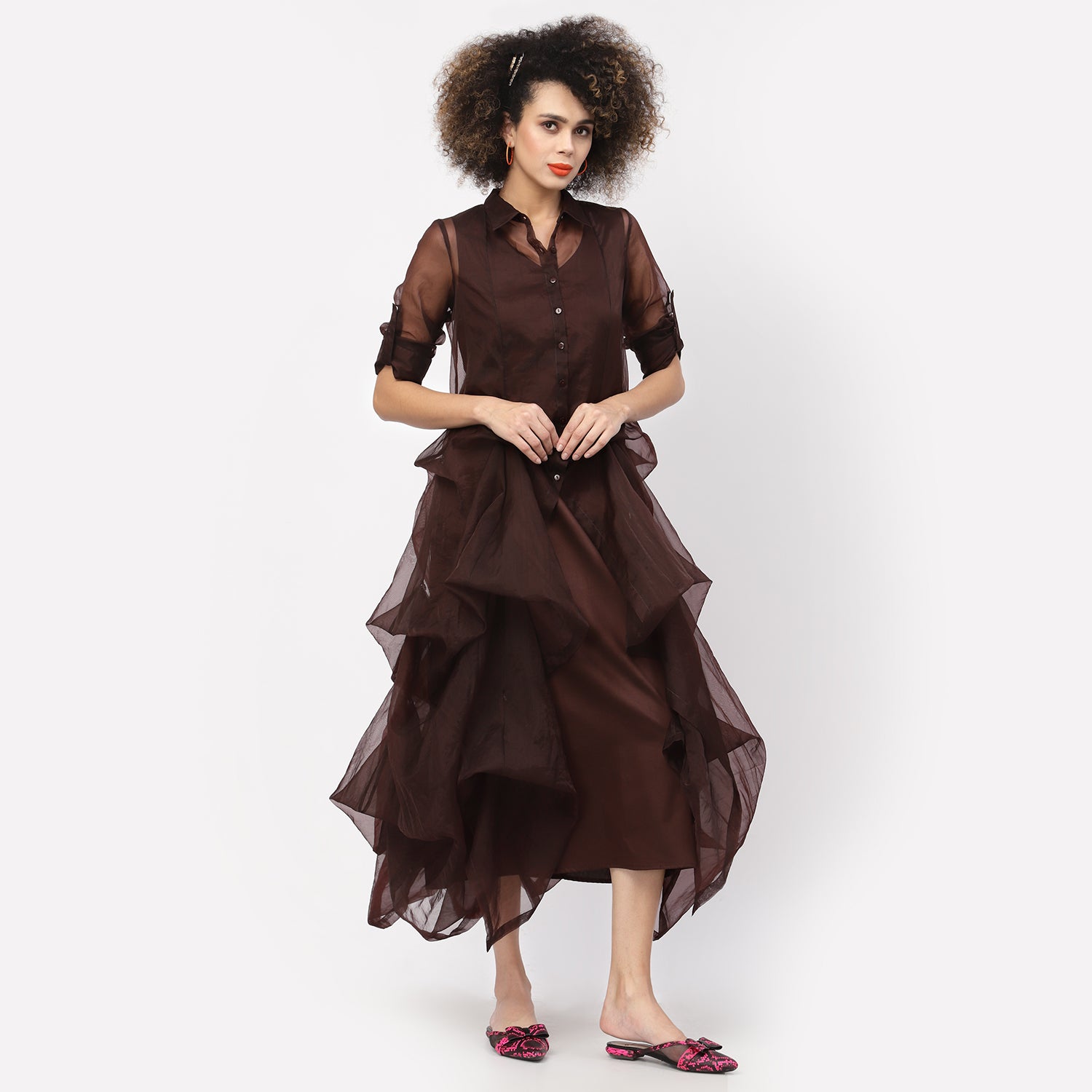 Chocolate Brown Organza Drape Dress With Cotton Inner