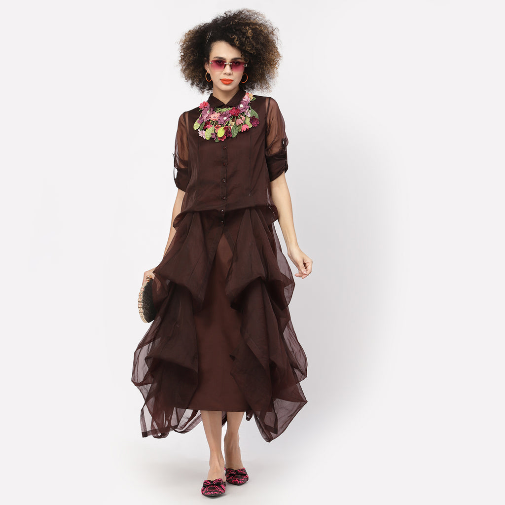 Chocolate Brown Organza Drape Dress With Cotton Inner