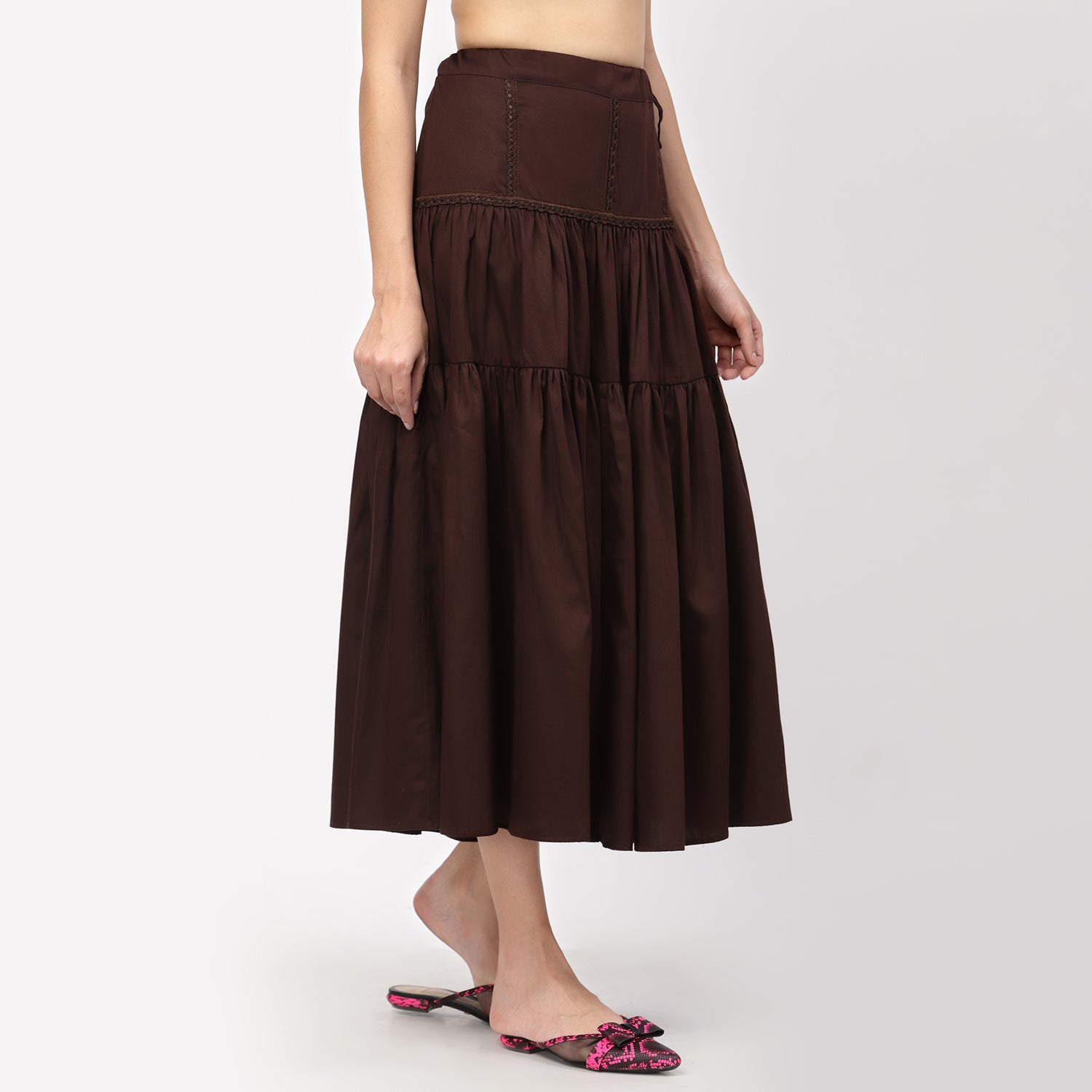 Chocolate Brown Long Skirt With Laces And Slit