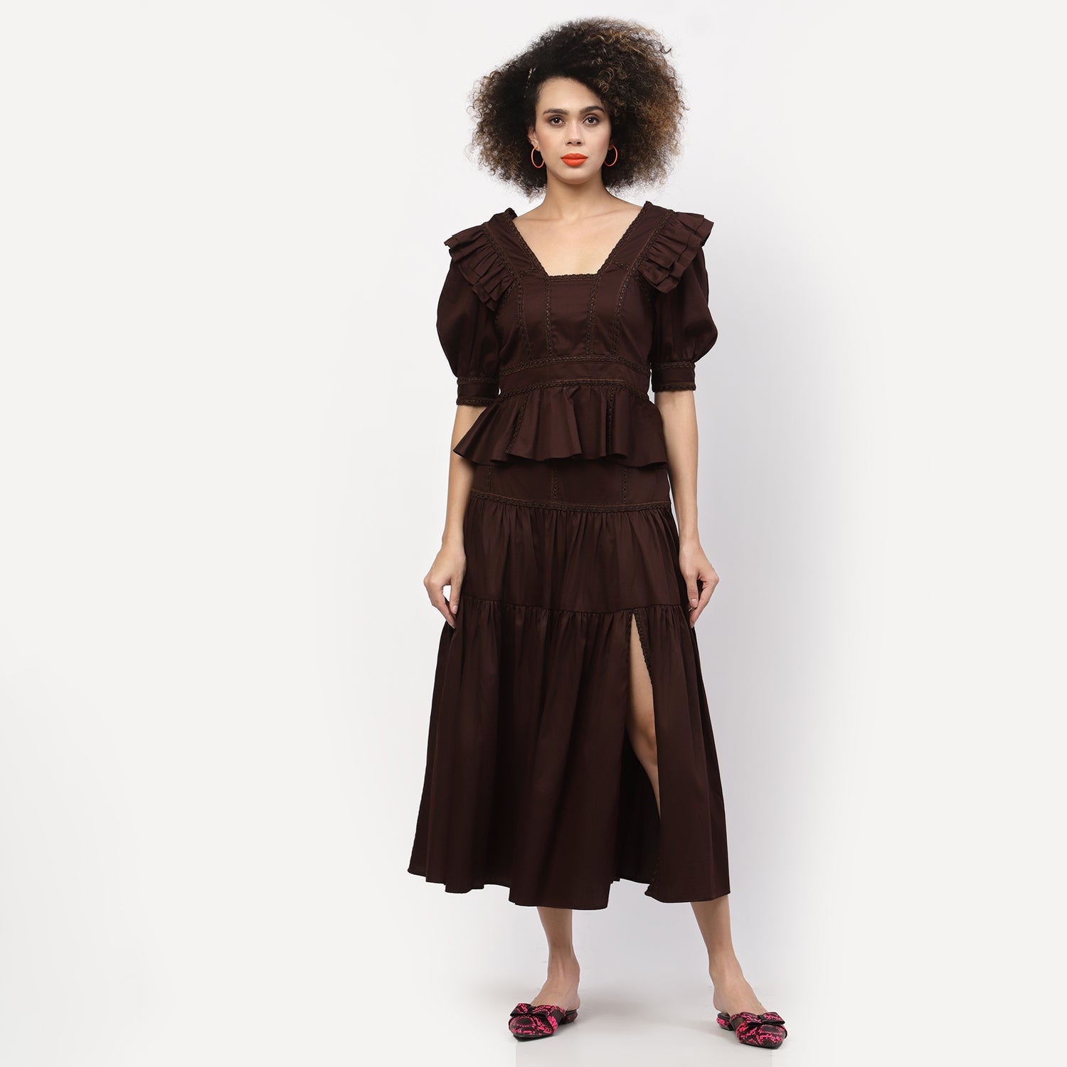 Chocolate Brown Long Skirt With Laces And Slit