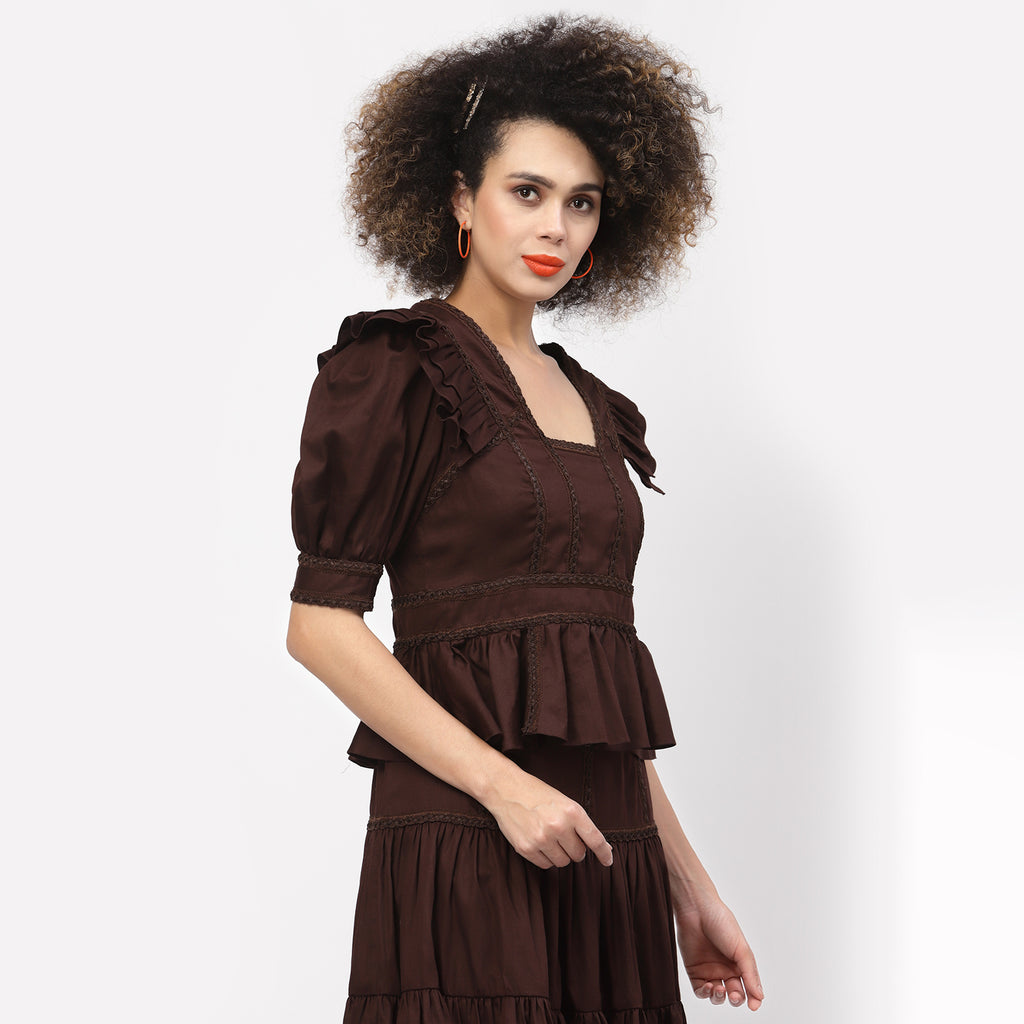 Chocolate Brown Peplum Top With Laces
