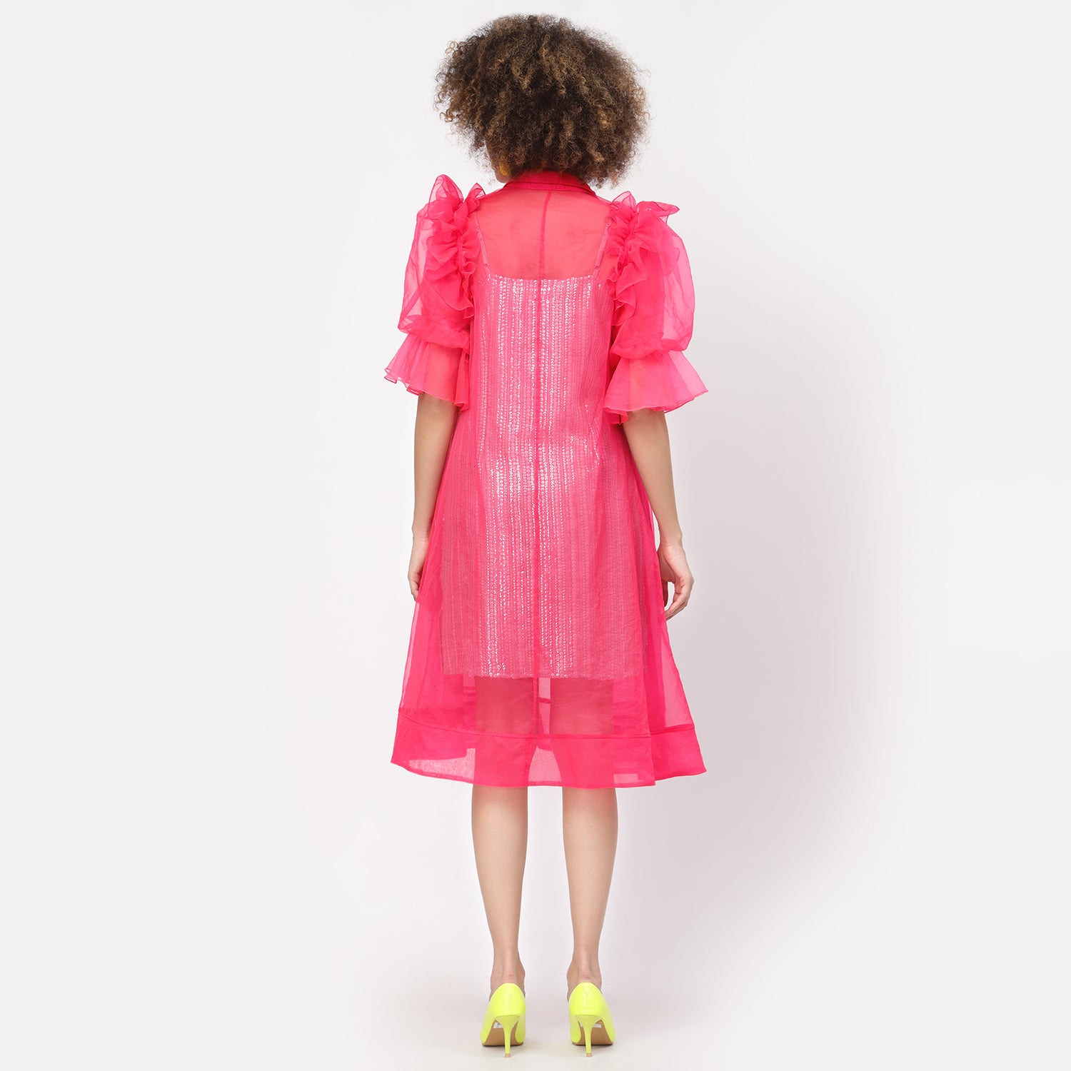 Neon Pink Organza Jacket With Puff Sleeves