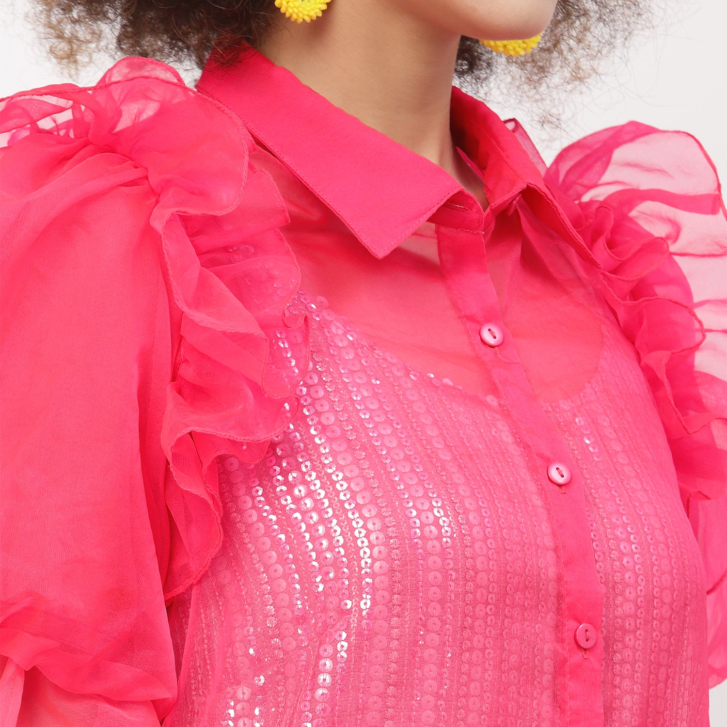 Neon Pink Organza Jacket With Puff Sleeves