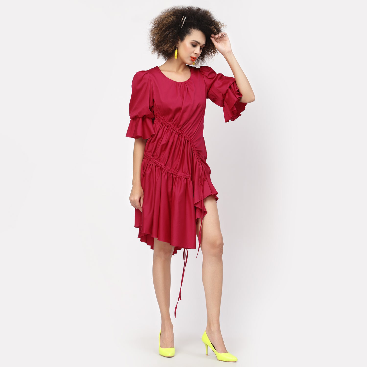 Pink Cotton Asymmetrical Dress With Gather & Strings