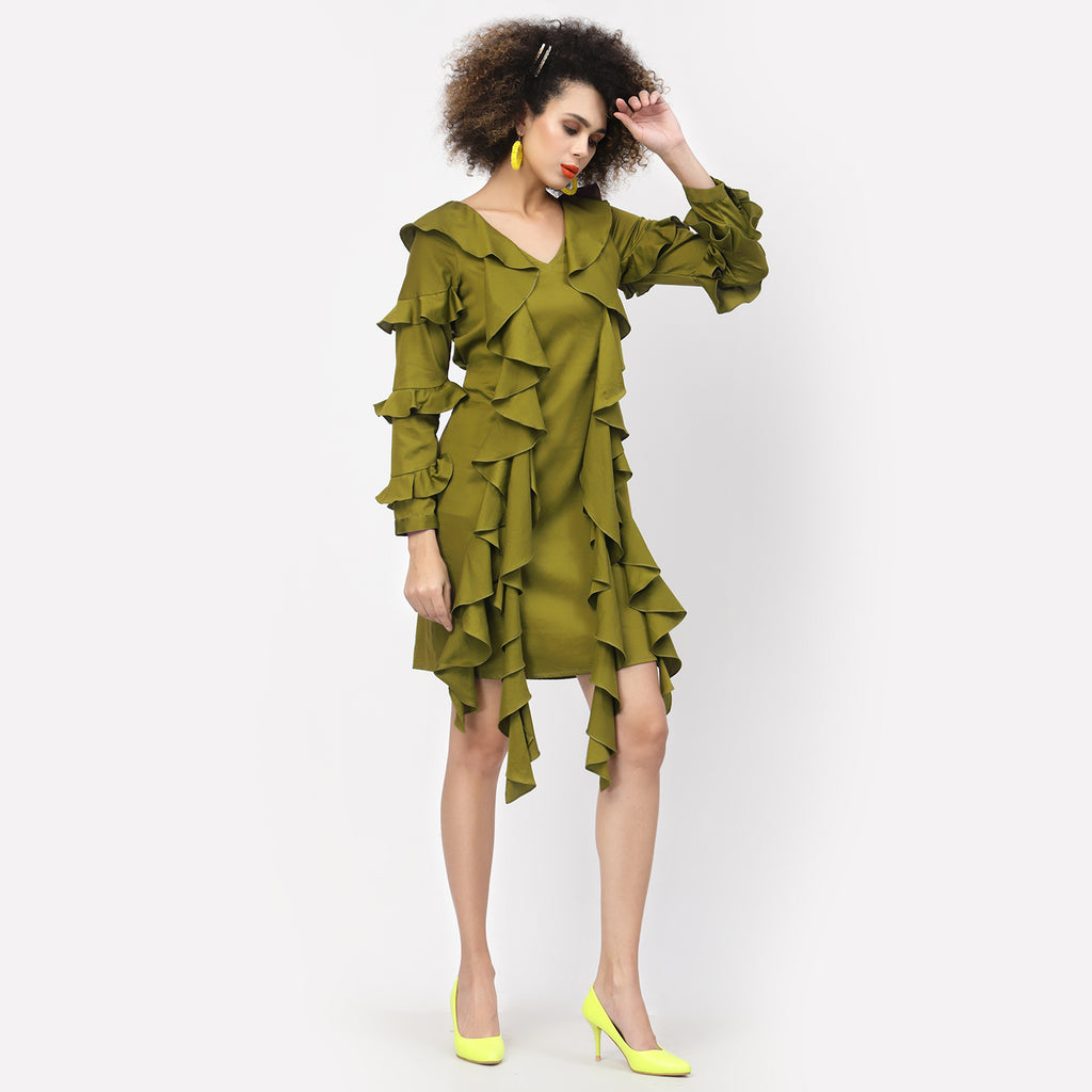 Olive Cotton Dress With Frill Sleeves & Tie Belt