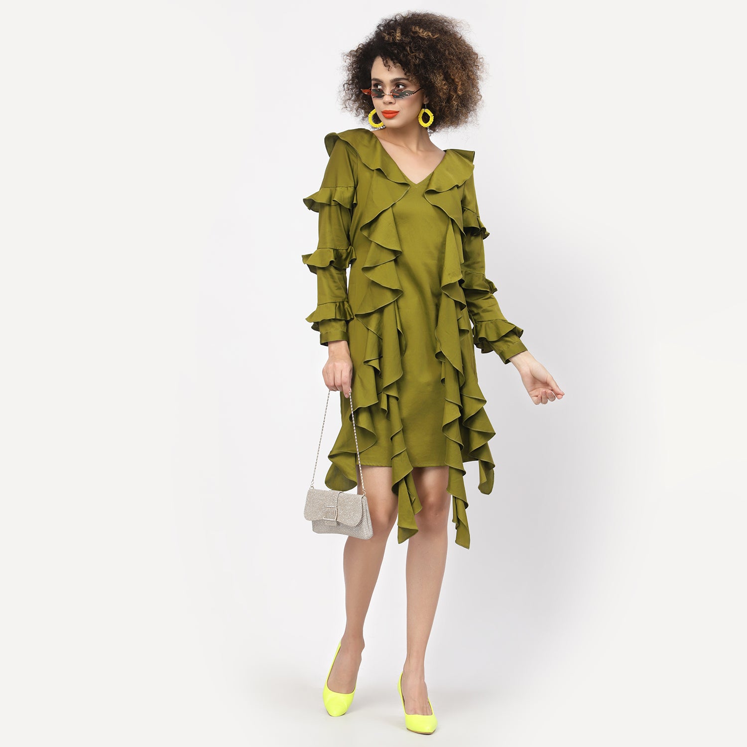 Olive Cotton Dress With Frill Sleeves & Tie Belt