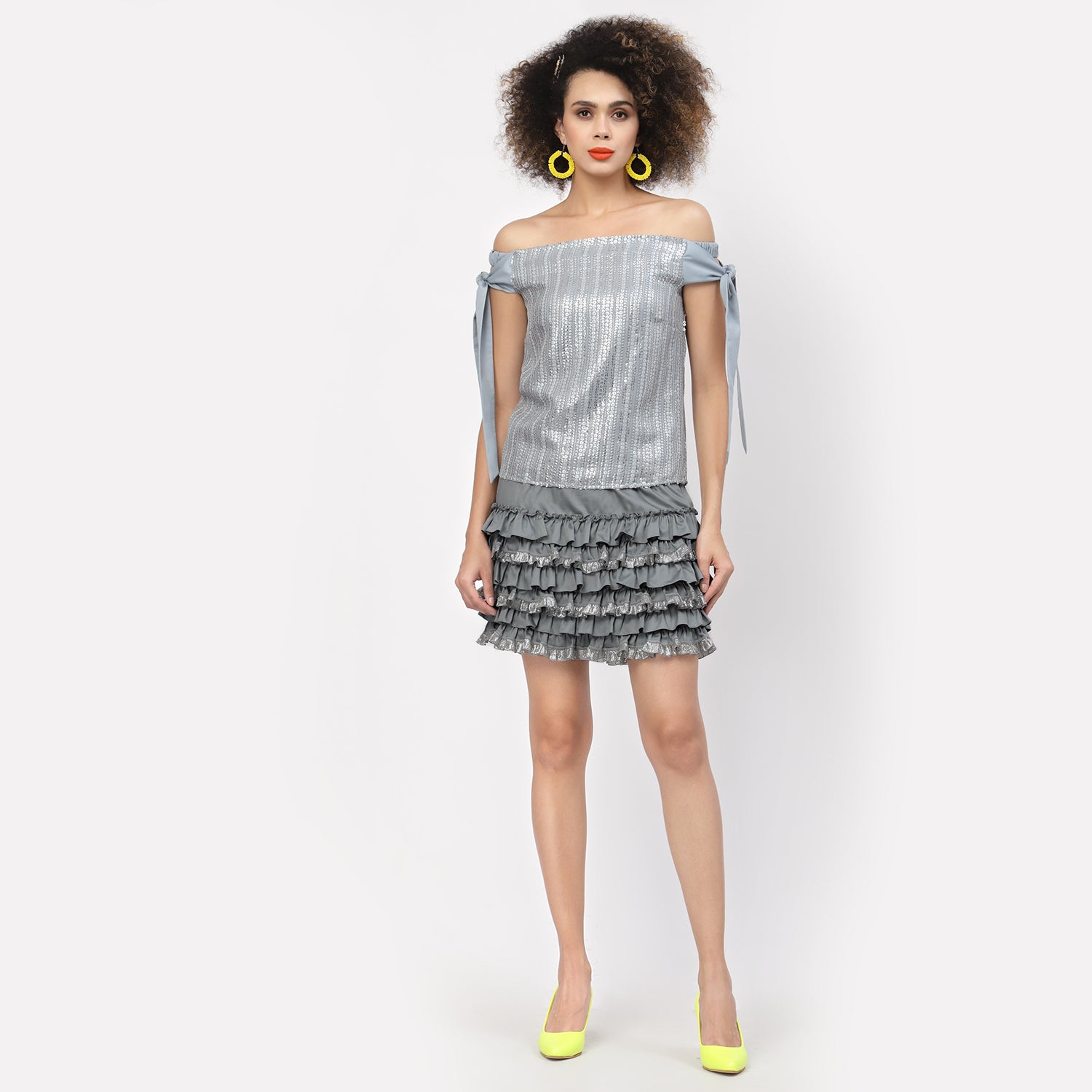 Grey Short Layered Skirt With Frill