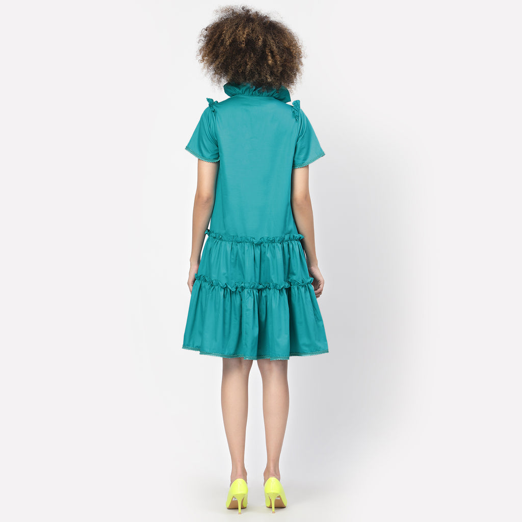 Turquoise Tiered Dress With Laces