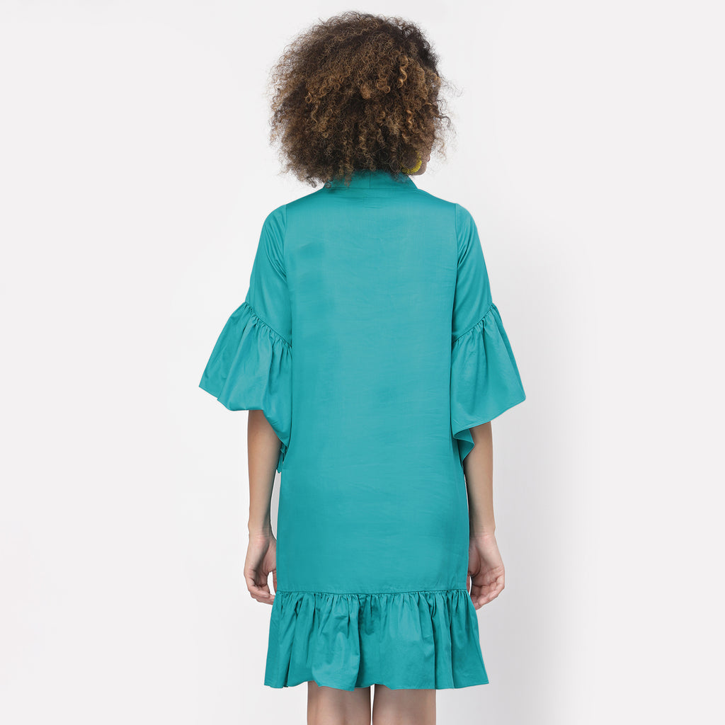 Turquoise Cotton  A-line Dress With Frill