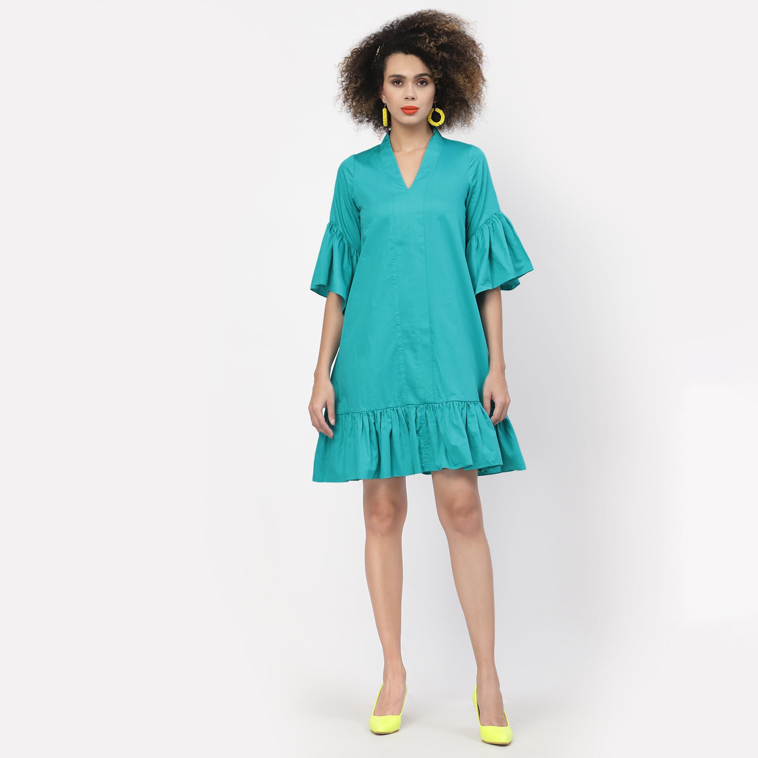 Turquoise Cotton A-line Dress With Frill