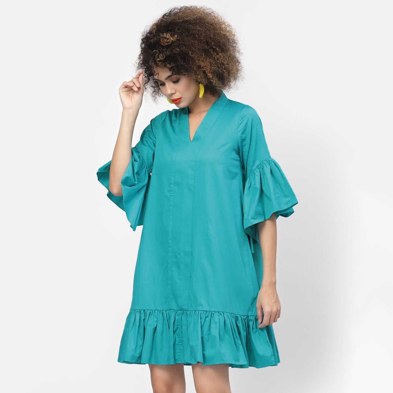 Turquoise Cotton A-line Dress With Frill