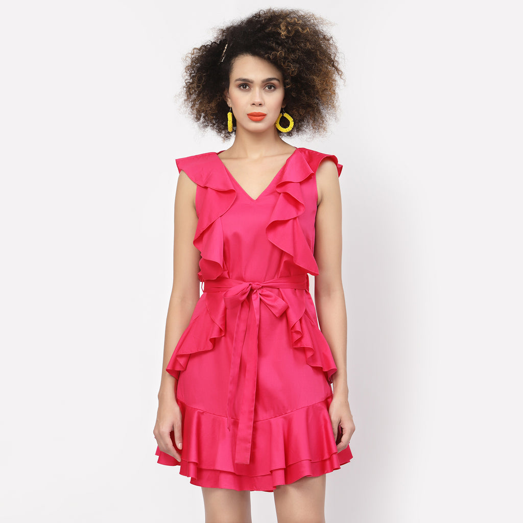 Pink Without Sleeves Frill Dress With Tie Knot