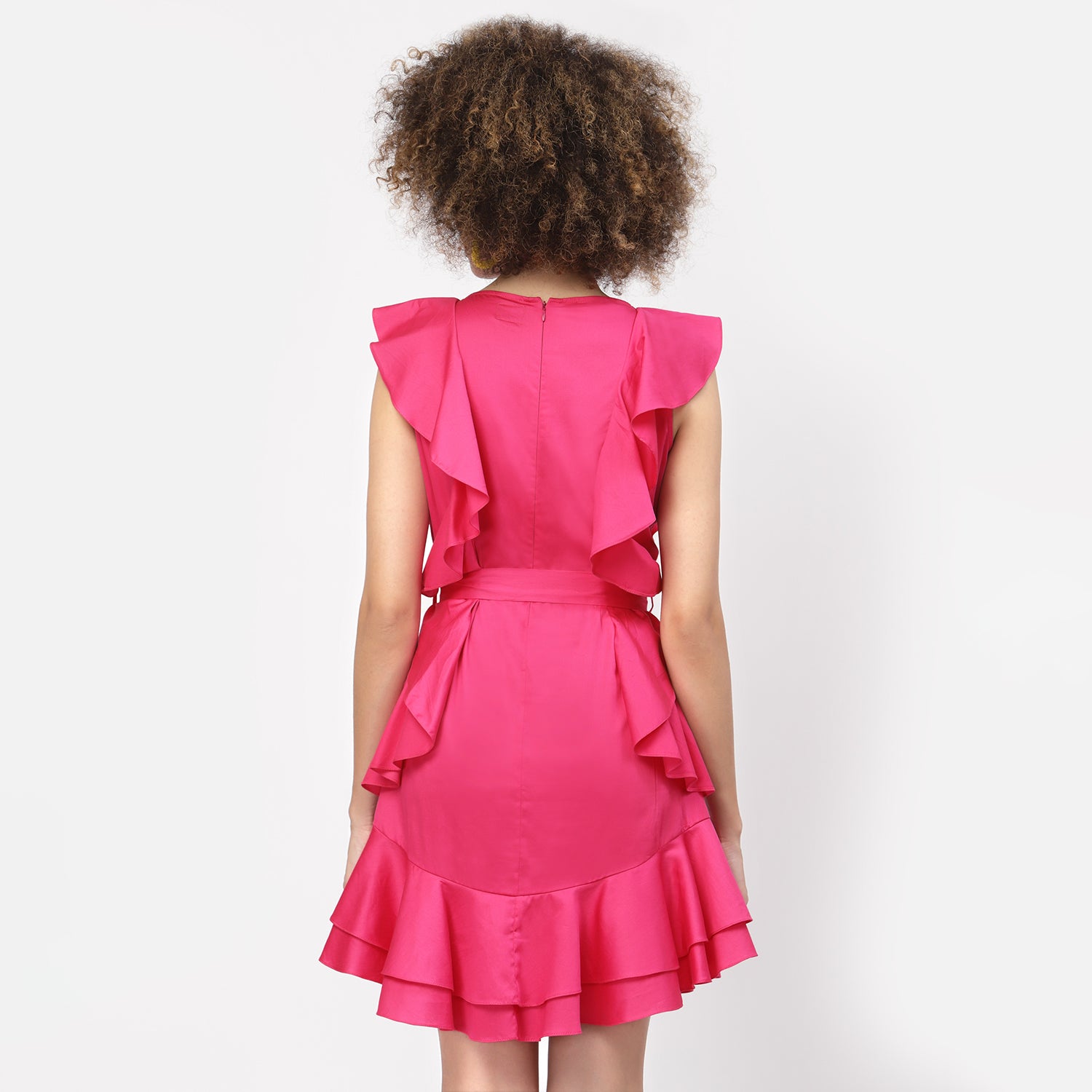 Pink Without Sleeves Frill Dress With Tie Knot