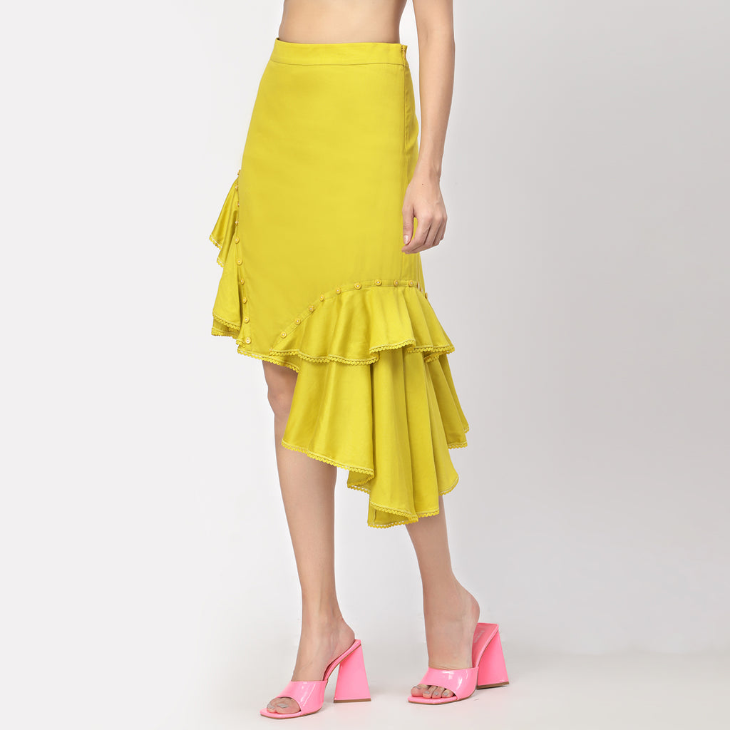 Yellow Ruffle Skirt With Buttons
