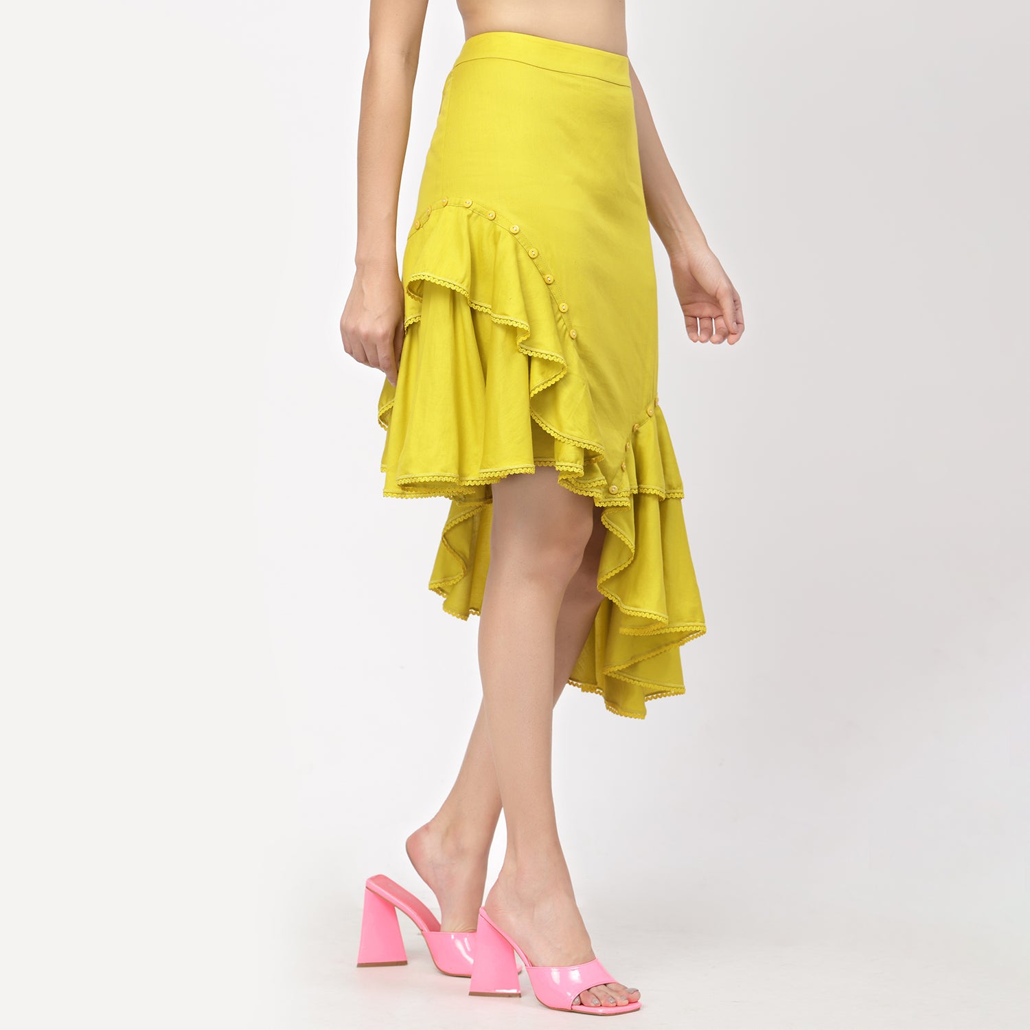 Yellow Ruffle Skirt With Buttons