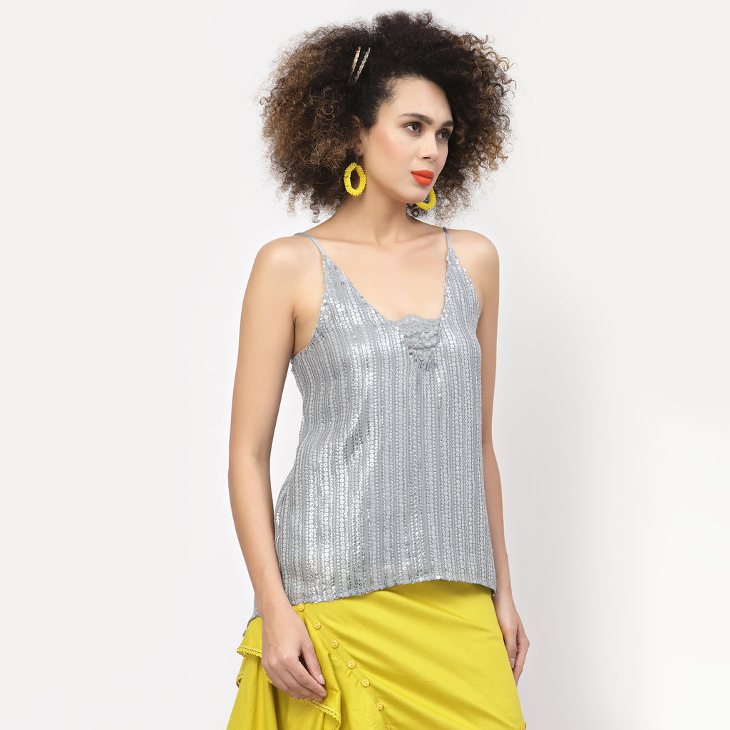 Silver Sequins Spaghetti Top With Lace At Neck