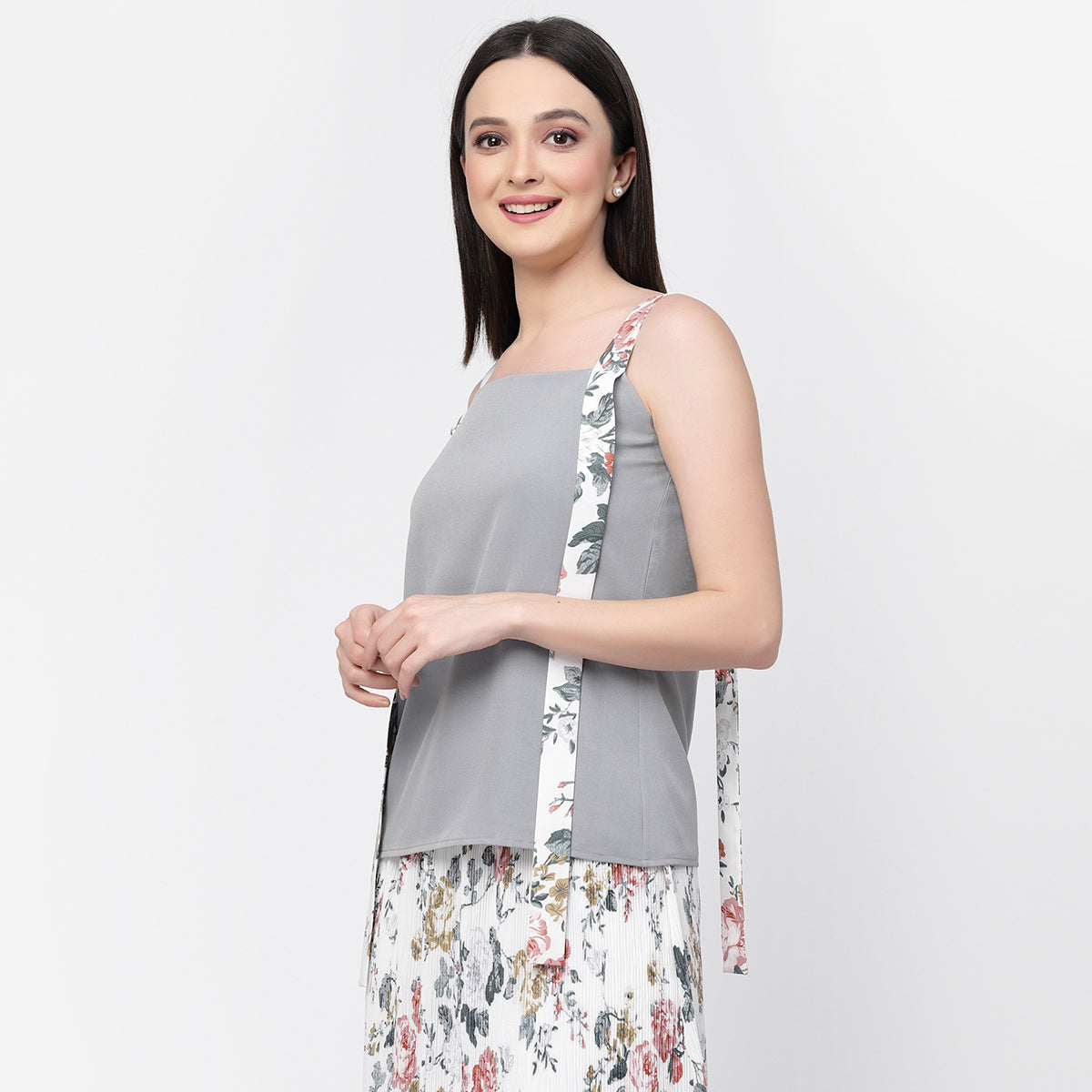 Crepe Top With Printed Shoulder Belts And Lining