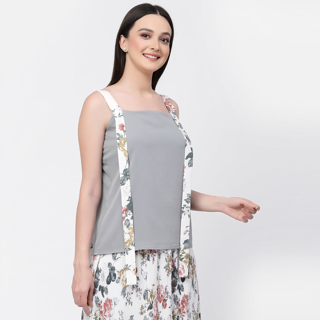 Crepe Top With Printed Shoulder Belts And Lining