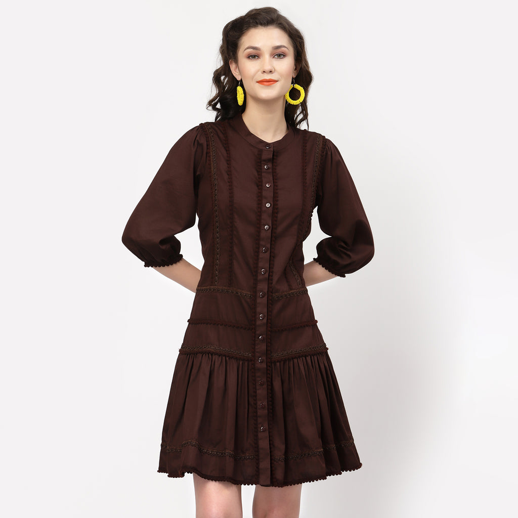 Chocolate Brown Dress With Pom Pom Lace