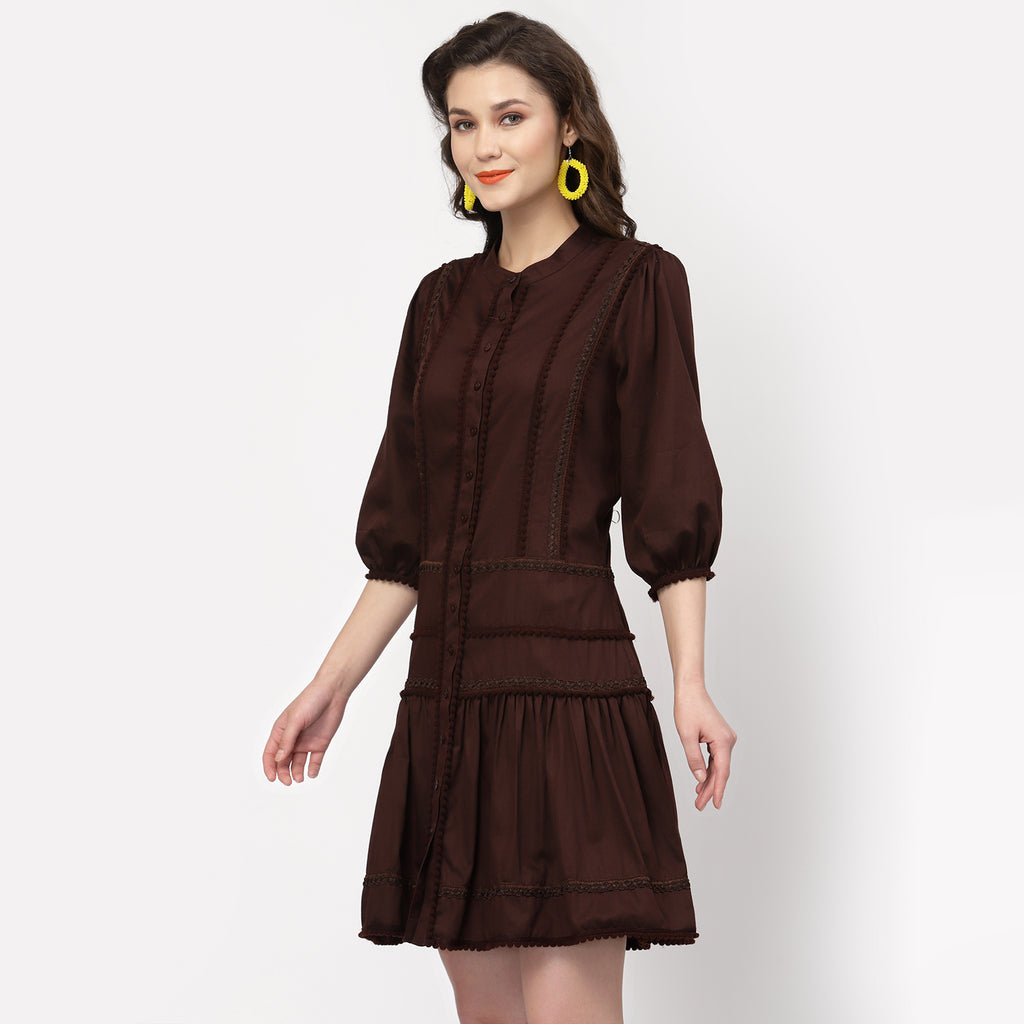 Chocolate Brown Dress With Pom Pom Lace