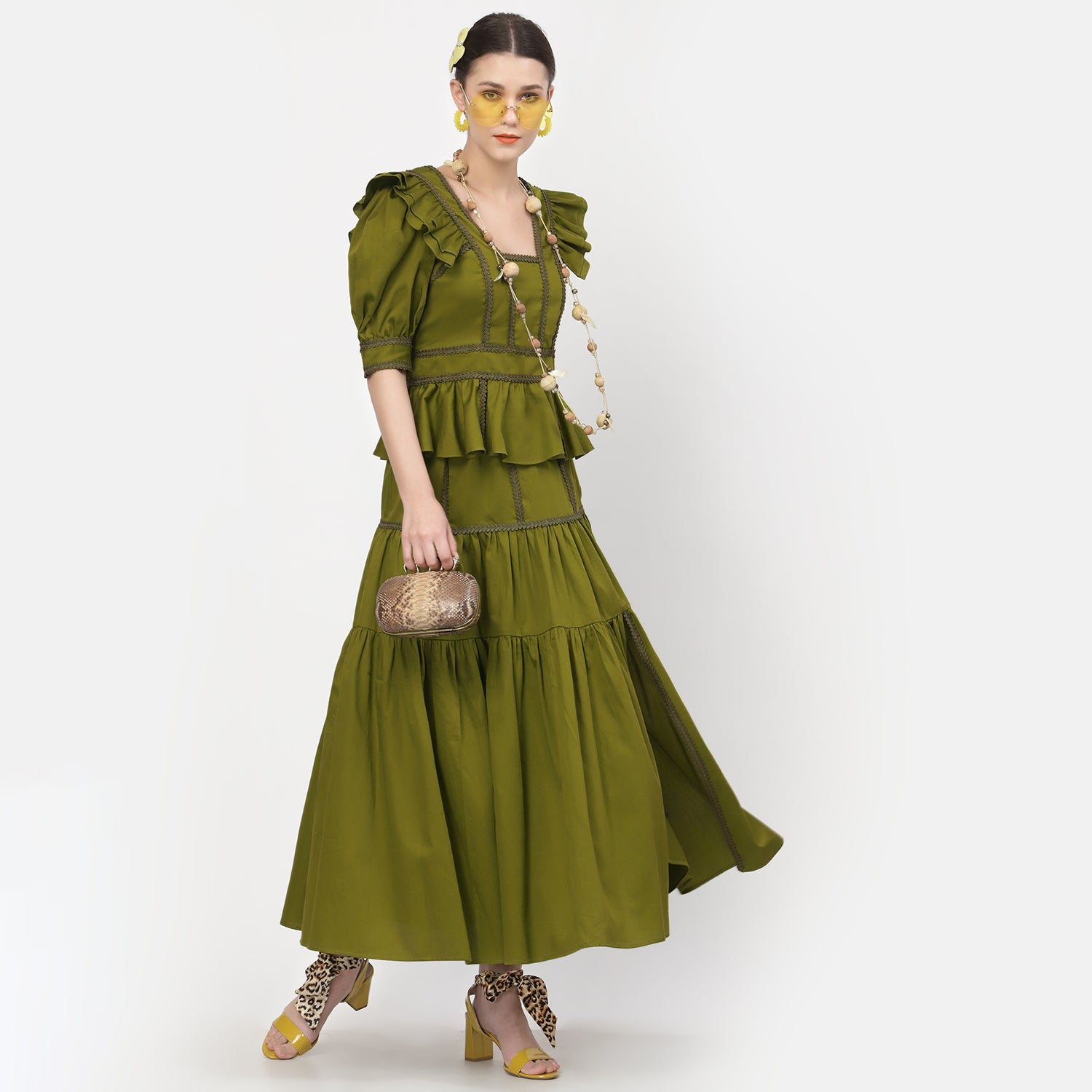Olive Long Skirt With Laces And Slit