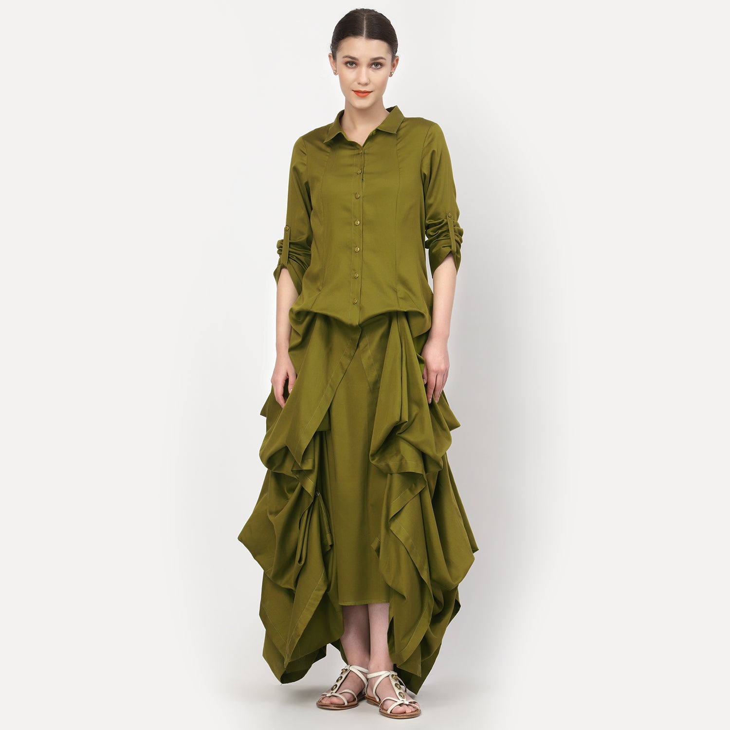 Olive Cotton Drape Dress With Cotton Olive Inner
