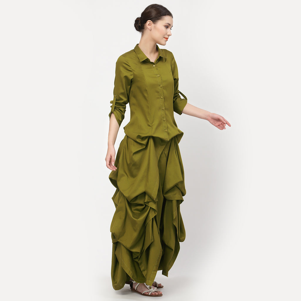 Olive Cotton Drape Dress With Cotton Olive Inner