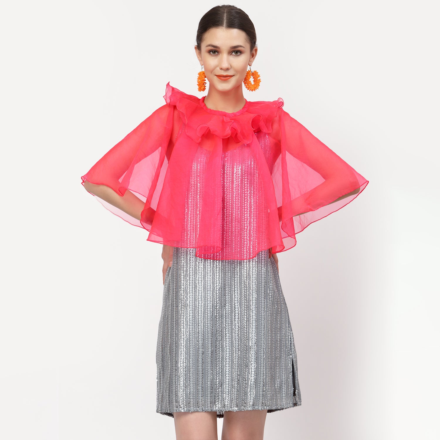 Pink Organza Cape With Frill Neck
