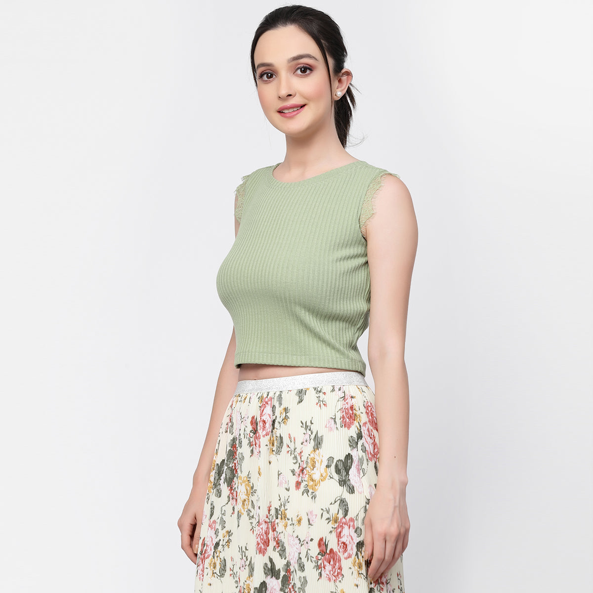 Green Knit Crop Top With Lace