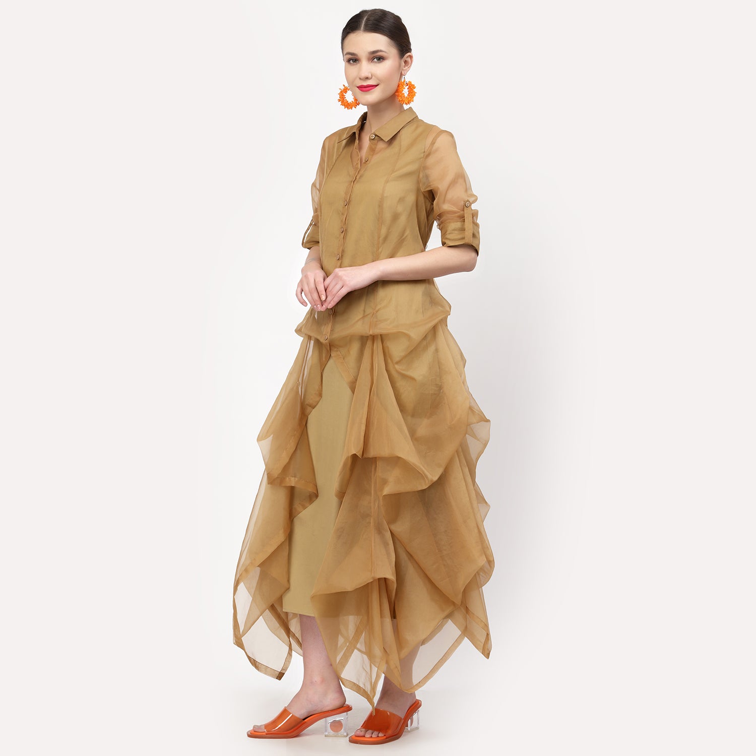 Beige Organza Drape Dress With Cotton Inner