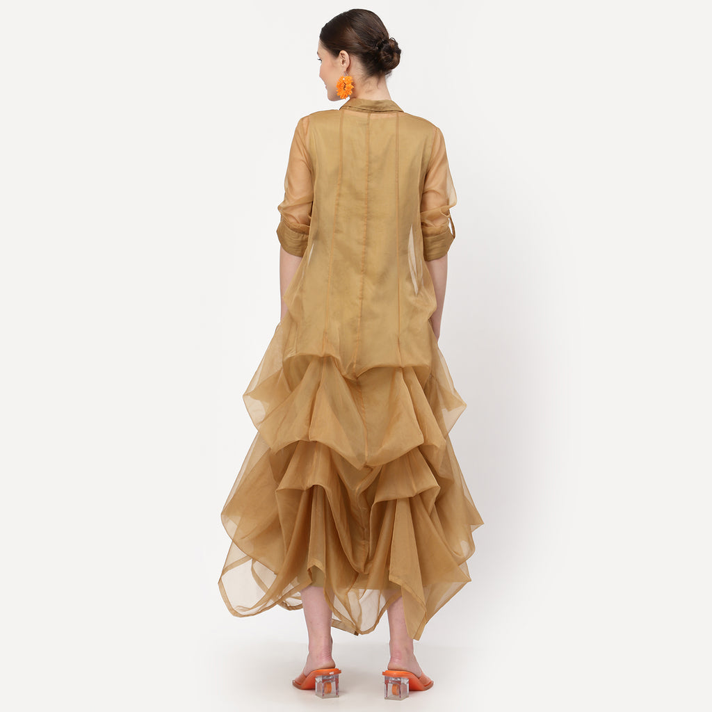 Beige Organza Drape Dress With Cotton Inner