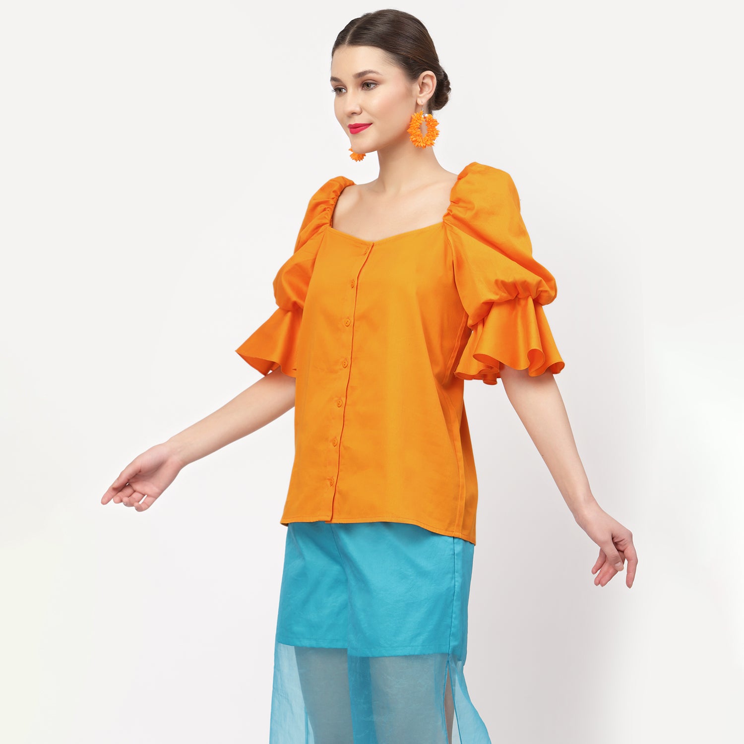 Orange Cotton Top With Puff Sleeves