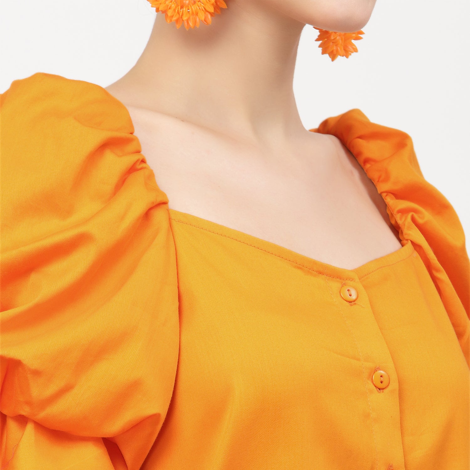 Orange Cotton Top With Puff Sleeves
