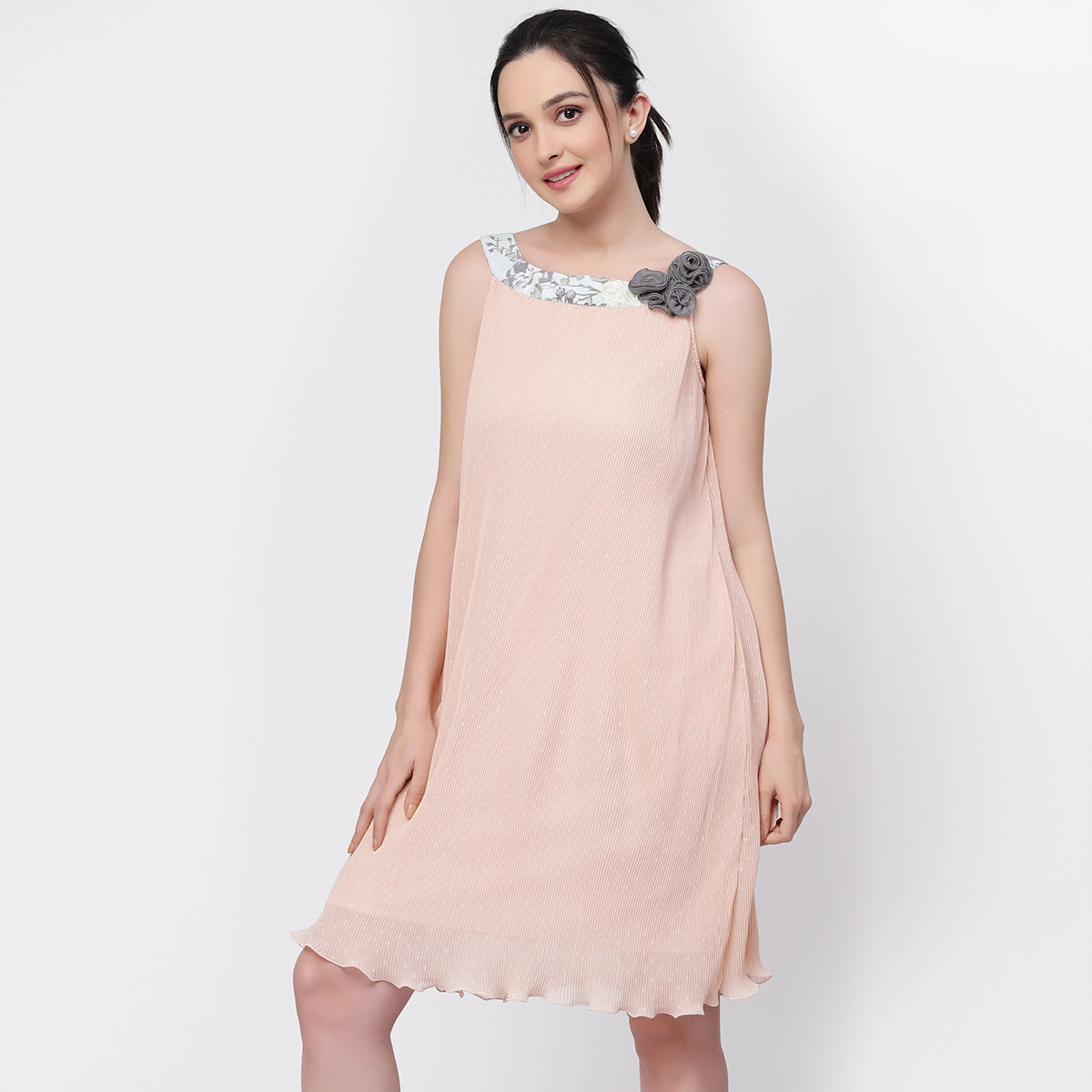 Georgette Pleated Boat Neck Dress
