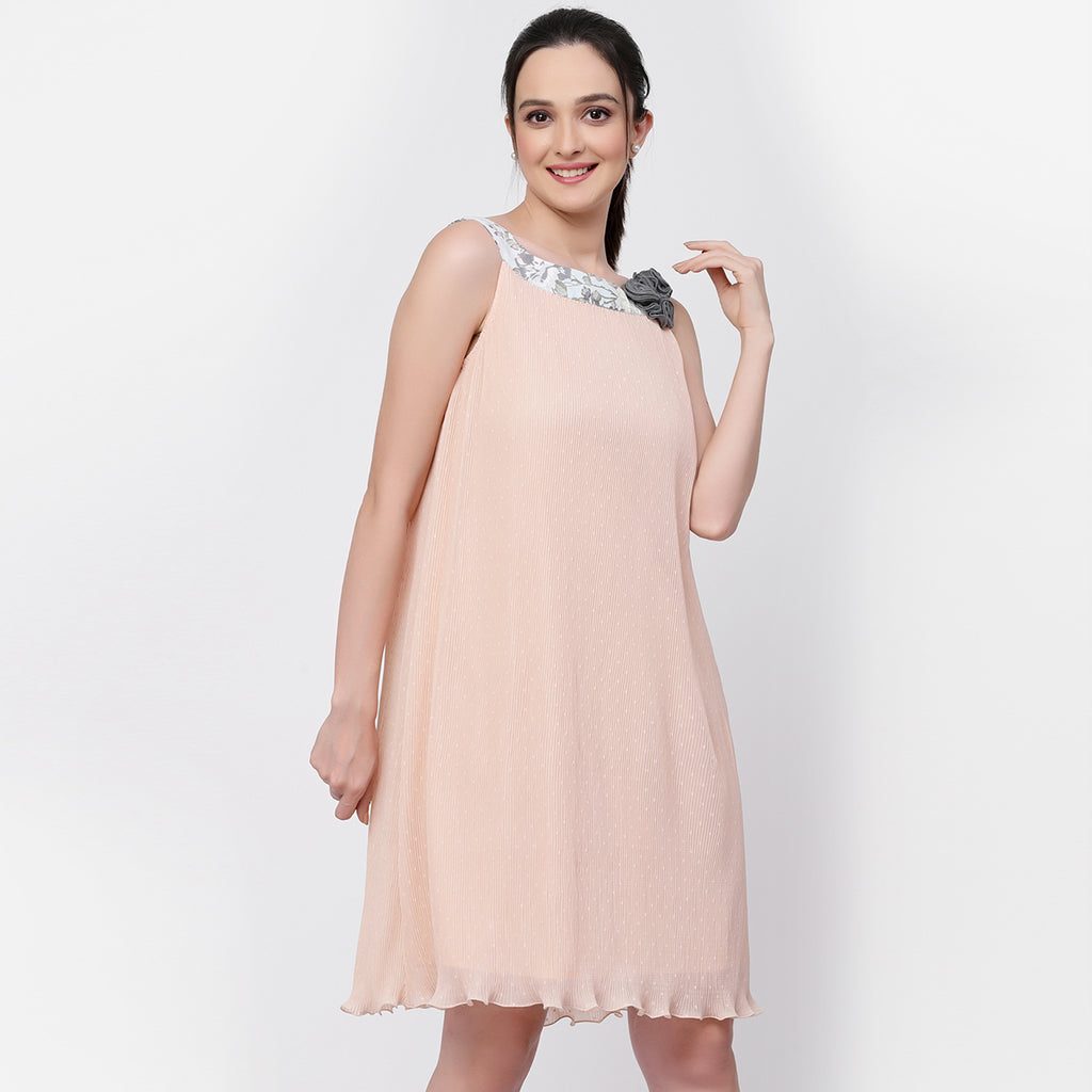 Georgette Pleated Boat Neck Dress