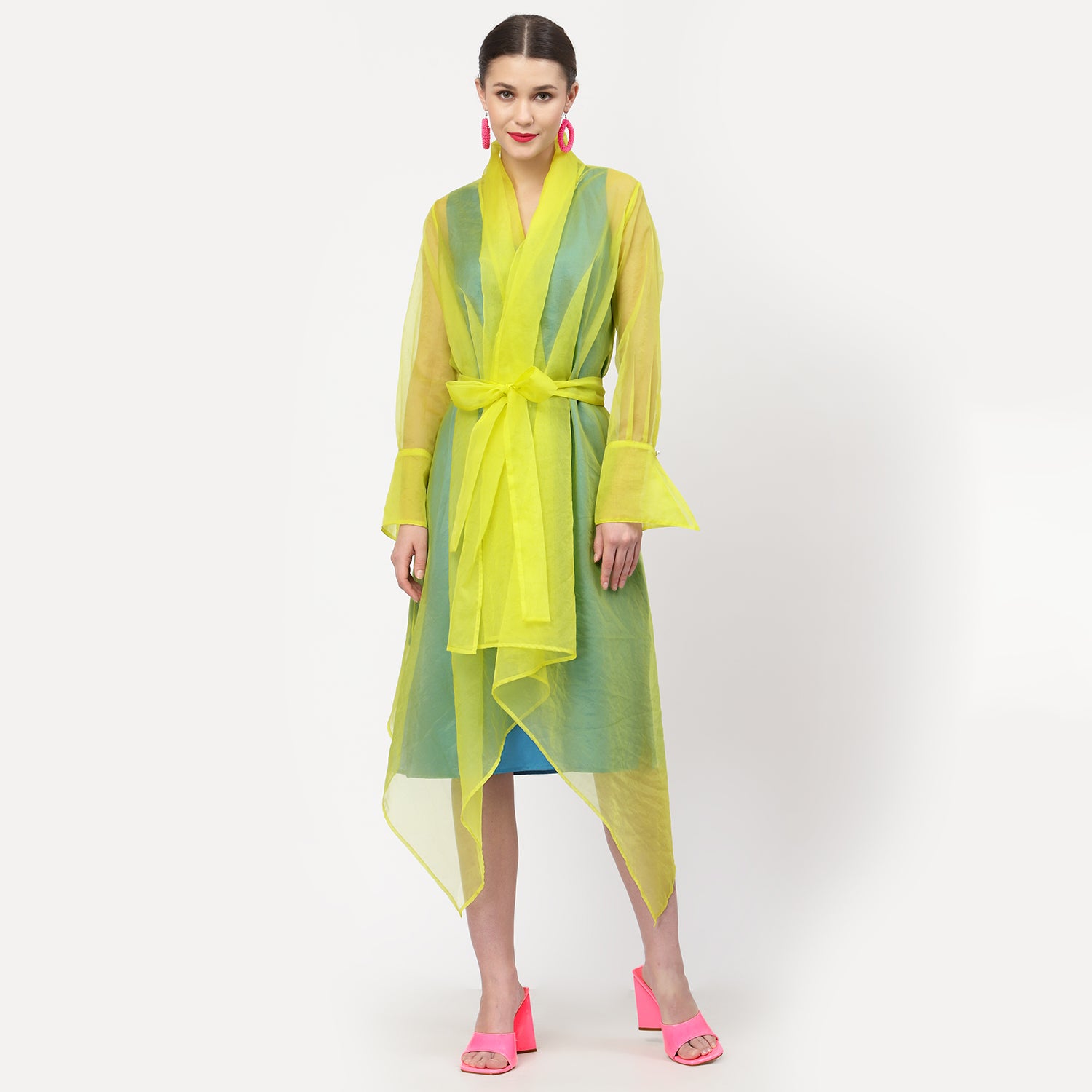 Neon Yellow Organza Drape Jacket With Turquoise Inner