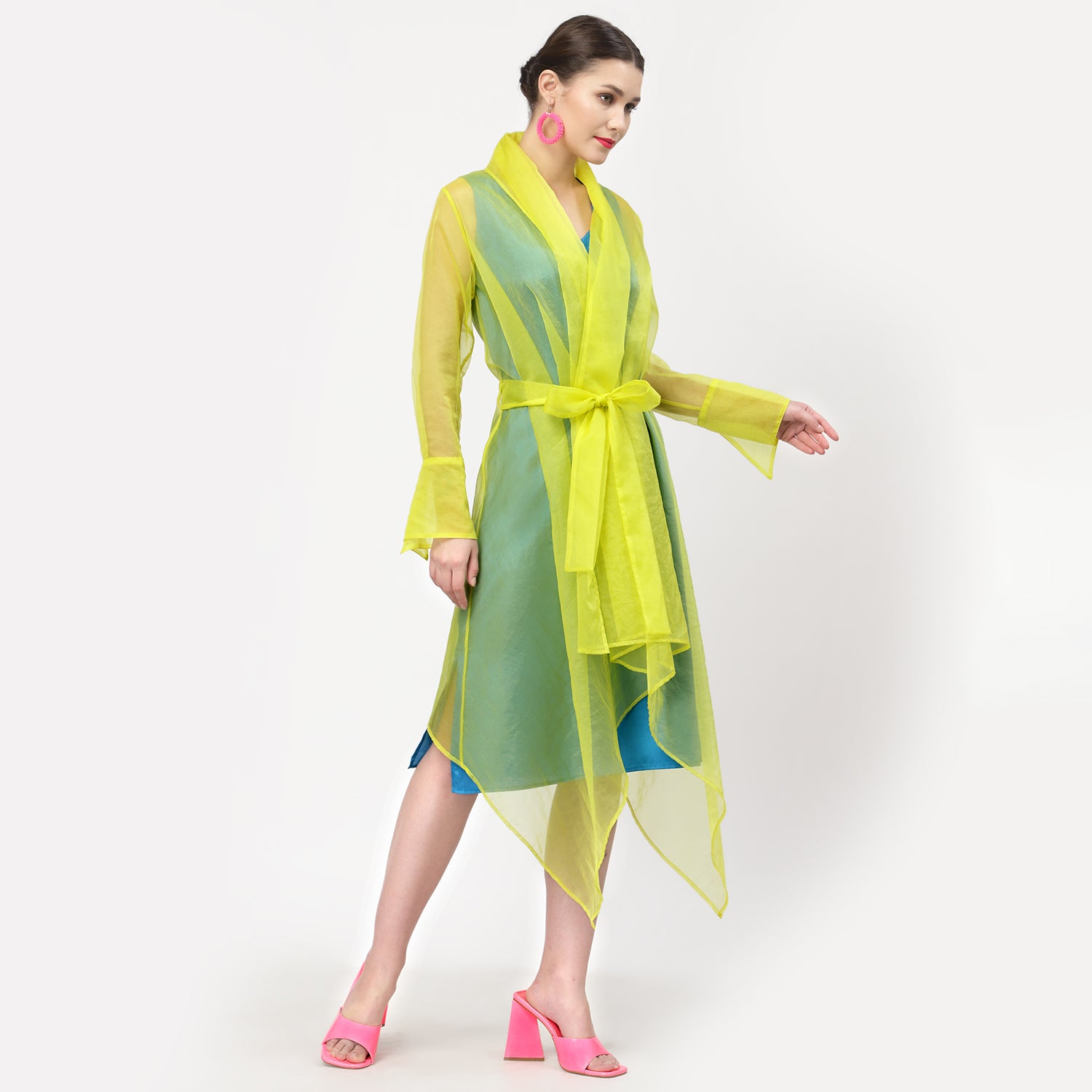 Neon Yellow Organza Drape Jacket With Turquoise Inner