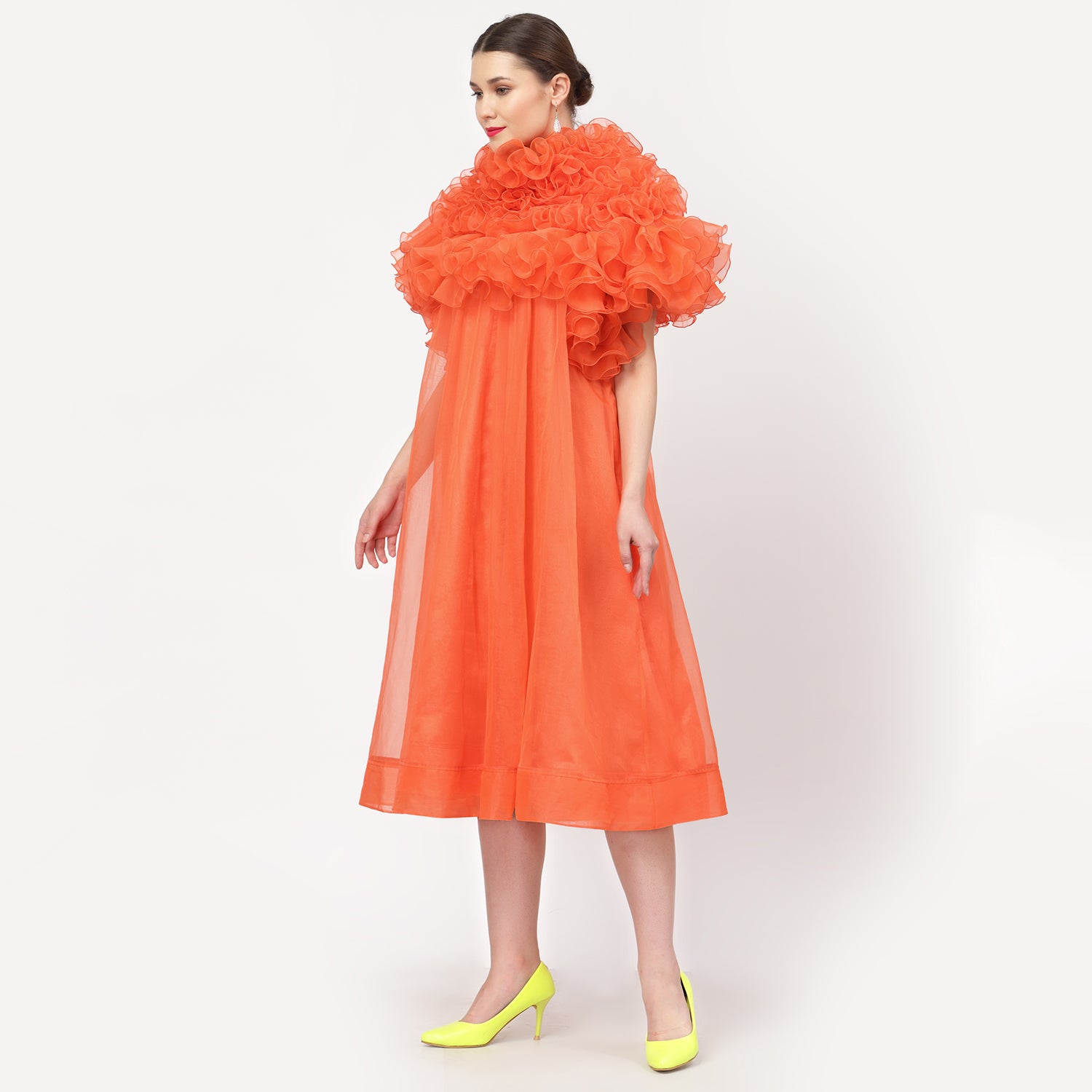 Neon Orange Organza Dress With Frill Cape Collar