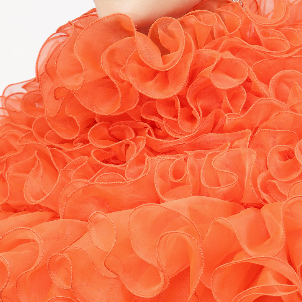 Neon Orange Organza Dress With Frill Cape Collar